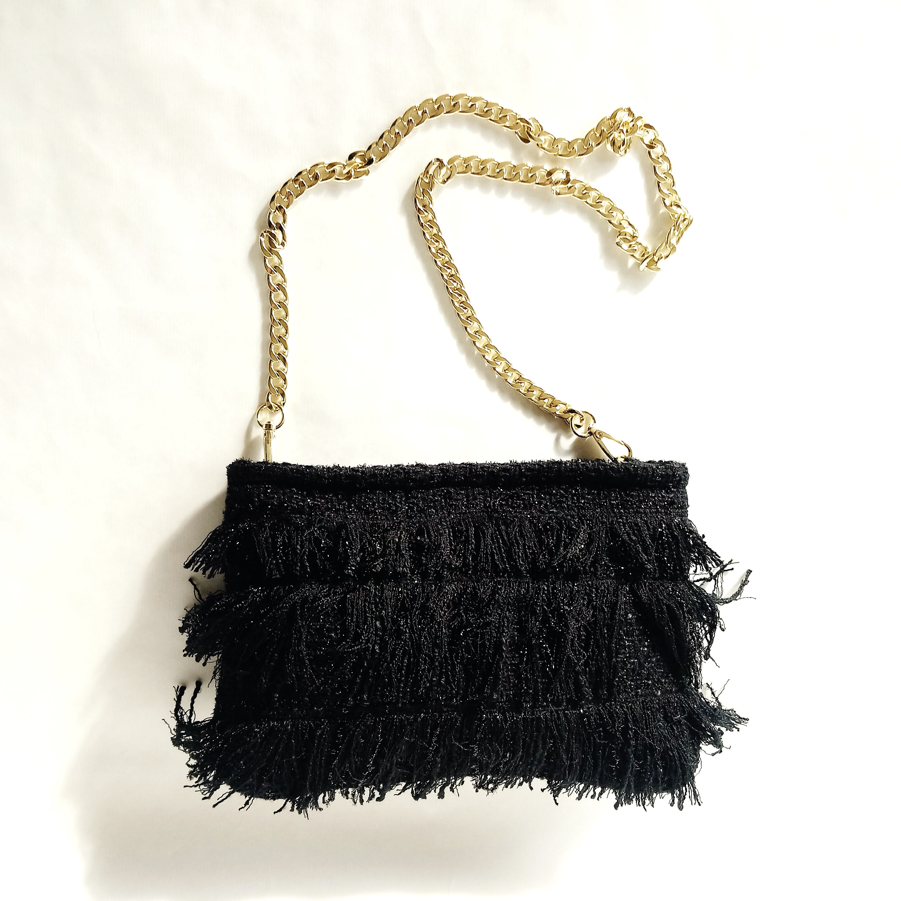 Black evening bag with fringe. Up dressed event clutch bag. Black tweed couture with glossy threads purse. 