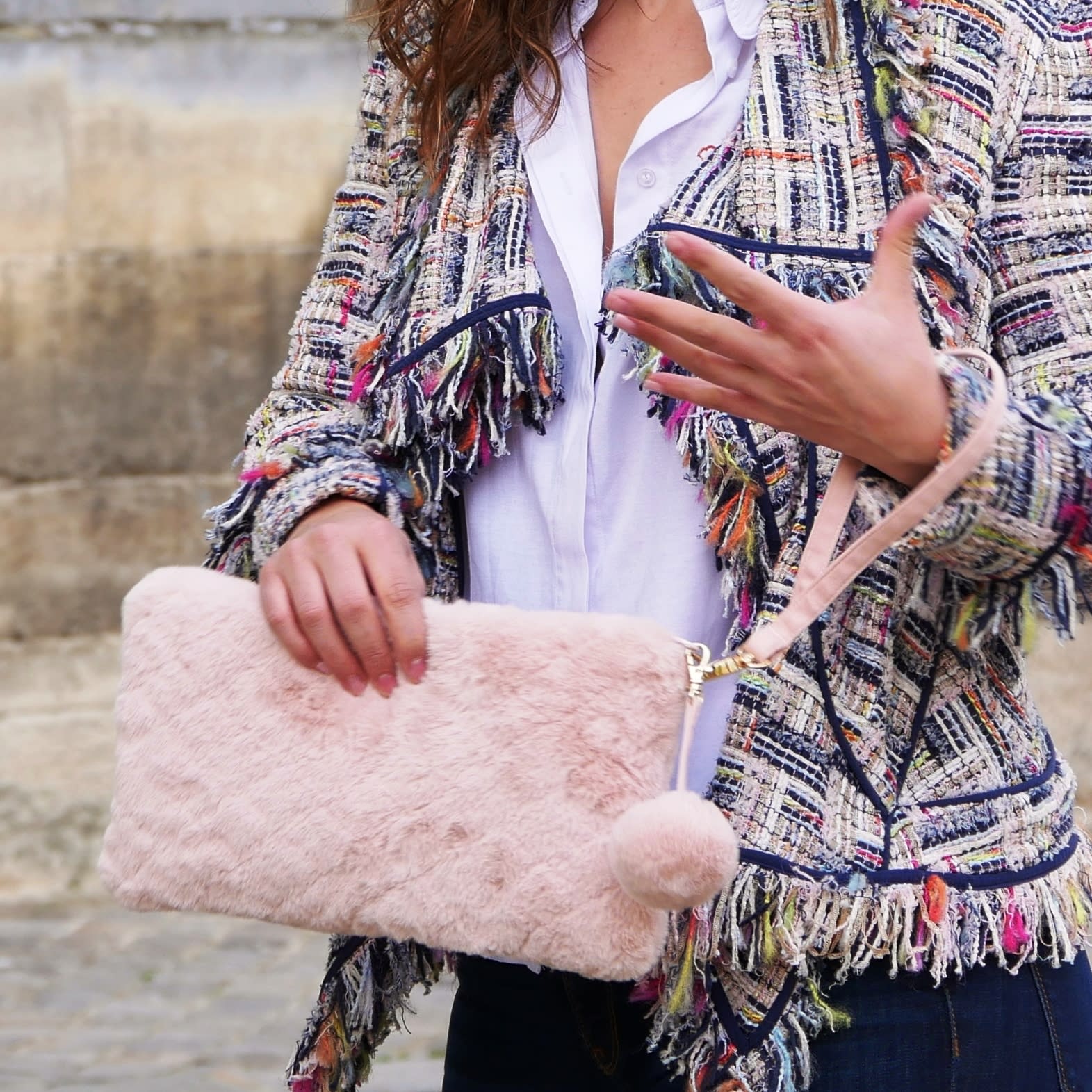 Pink Clutch. Light pink padded faux fur clutch with removable wrislet. Fashion designer bag.  Closing with zipper ended with pompom