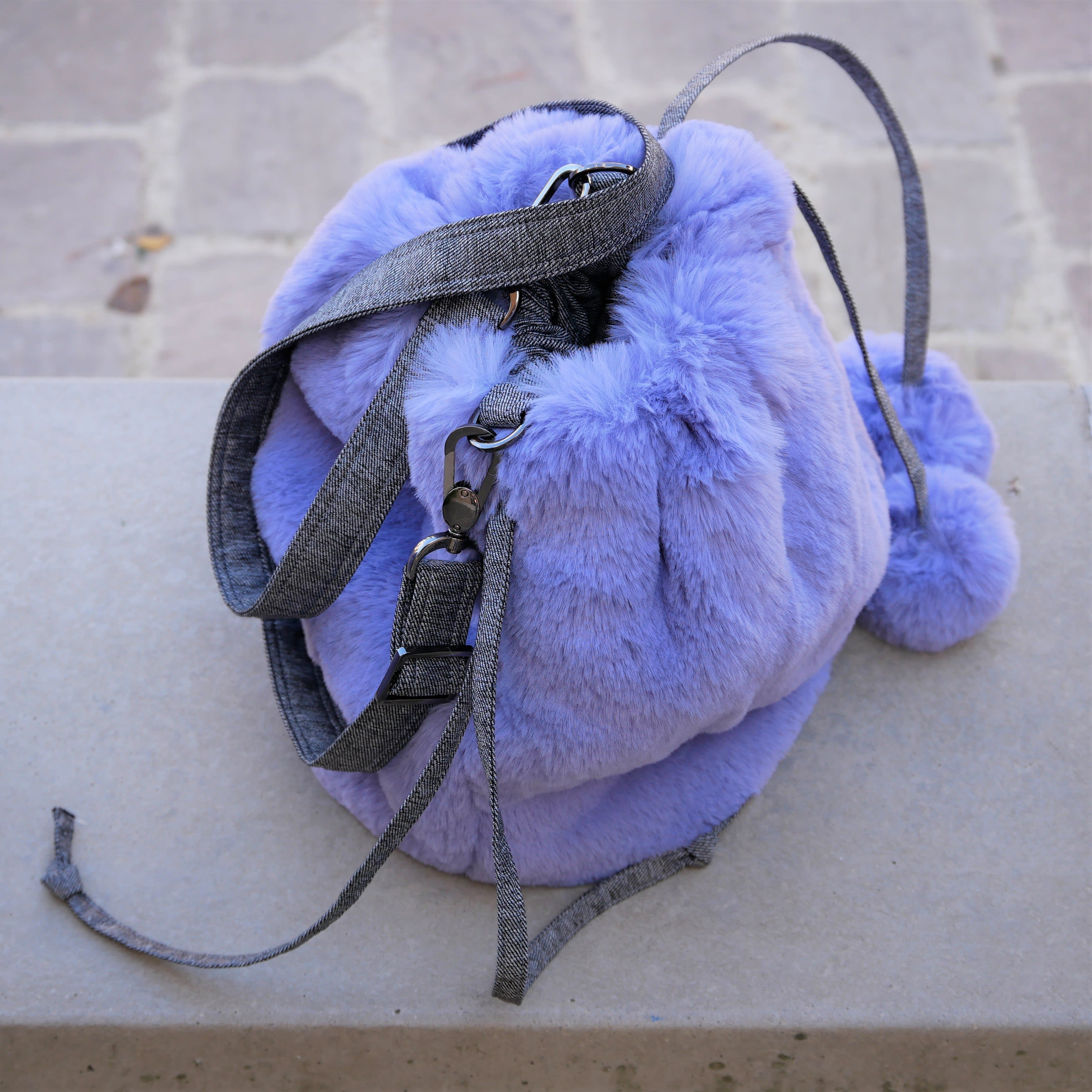 Fur bucket bag. Purple blue lavender faux fur shoulder bag with adjustable strap. Luxury fashion fake fur soft bag, washable and easy going.