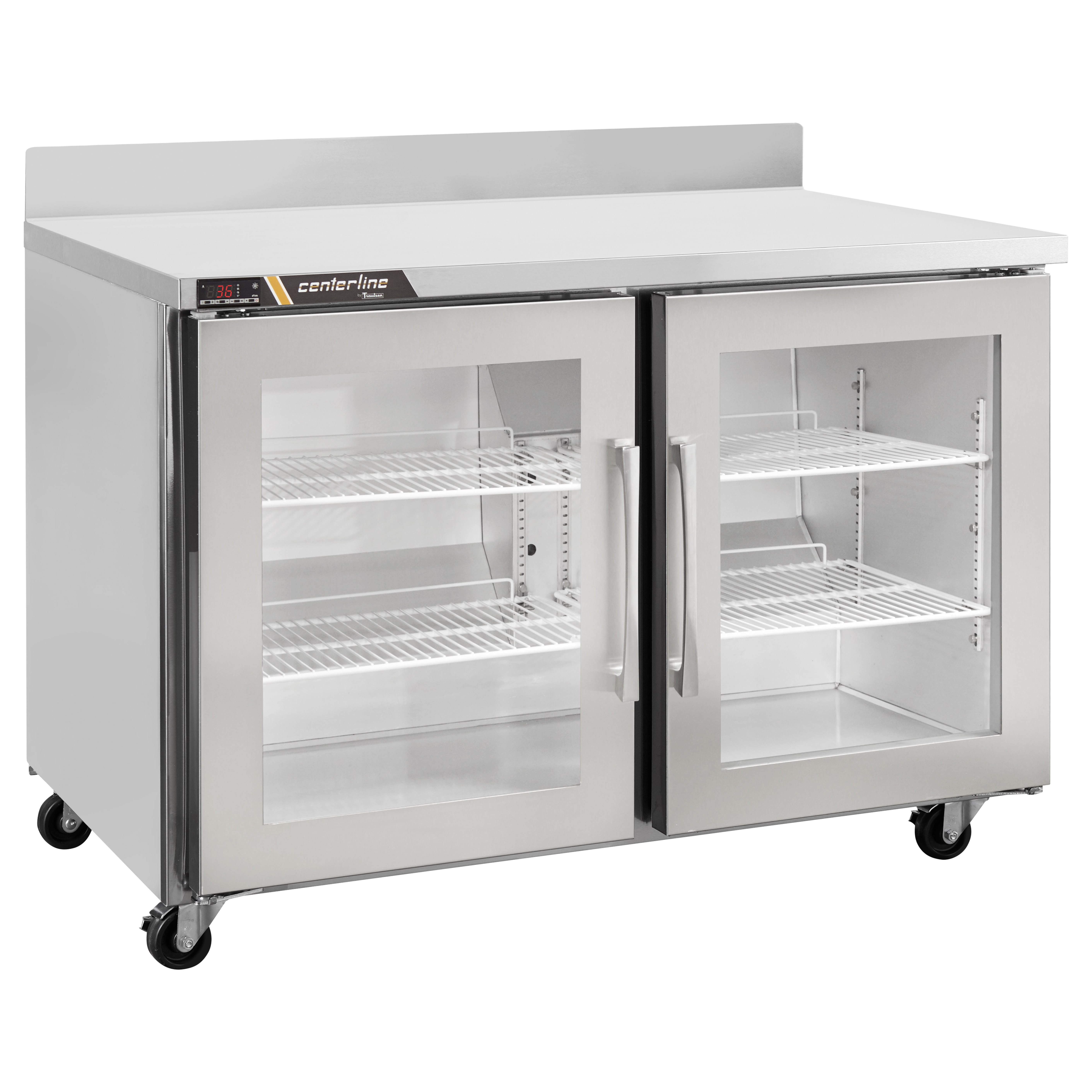 Traulsen CLUC-48R-GD-WTLR C-Series 48" 2 Glass Door Worktop Refrigerator with 4" Backsplash, Left/Right-Hinged