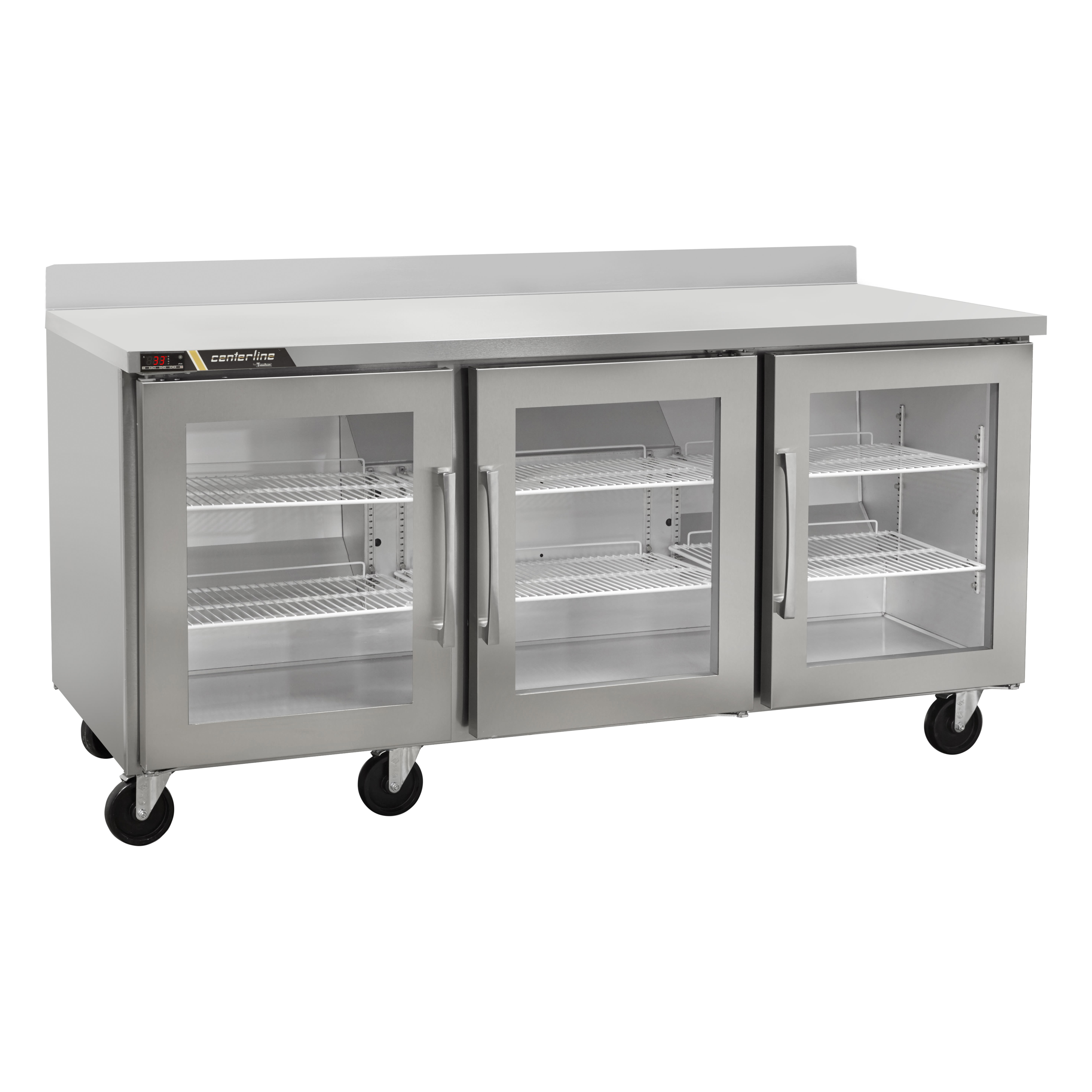 Traulsen CLUC-72R-GD-WTLRR C-Series 72" 3 Glass Door Worktop Refrigerator with 4" Backsplash, Left/Right/Right-Hinged