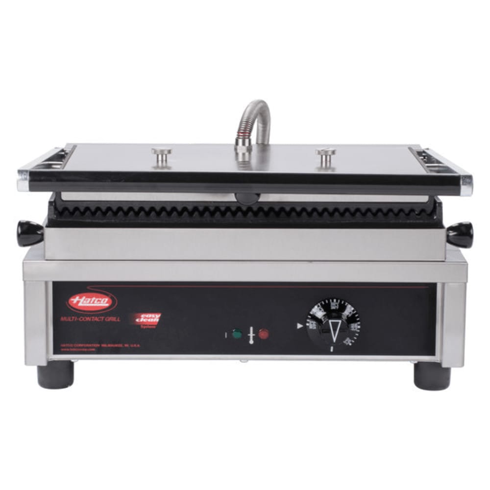 Outlet Hatco MCG10G 10" Wide Panini Sandwich Grill with Grooved Cast Iron Plates, 120 Volts, NEMA 5-20P Plug