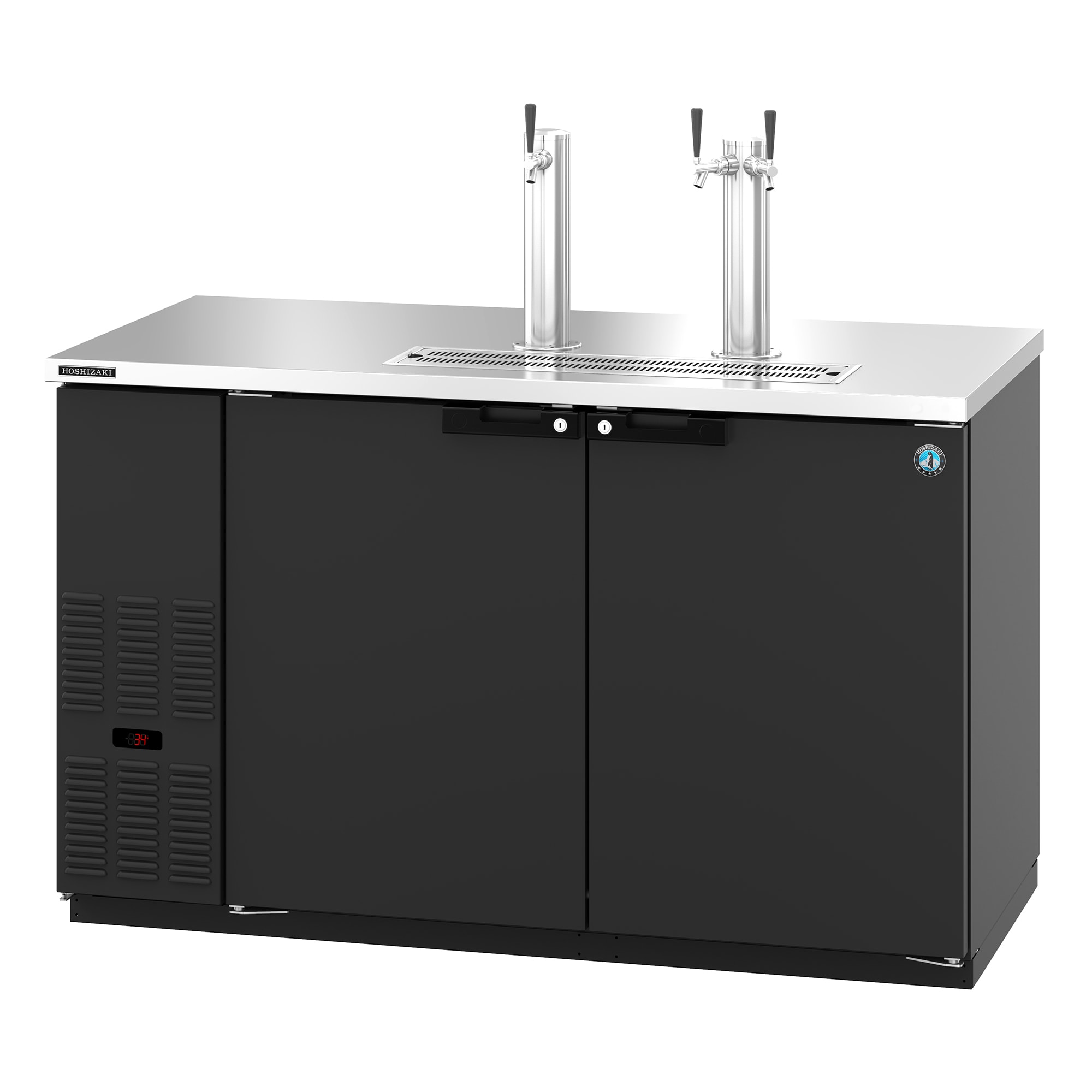 Hoshizaki DD59 59" 2-Door Black Draft Beer Dispenser with 2 Towers and 3 Taps, 2-Keg Capacity