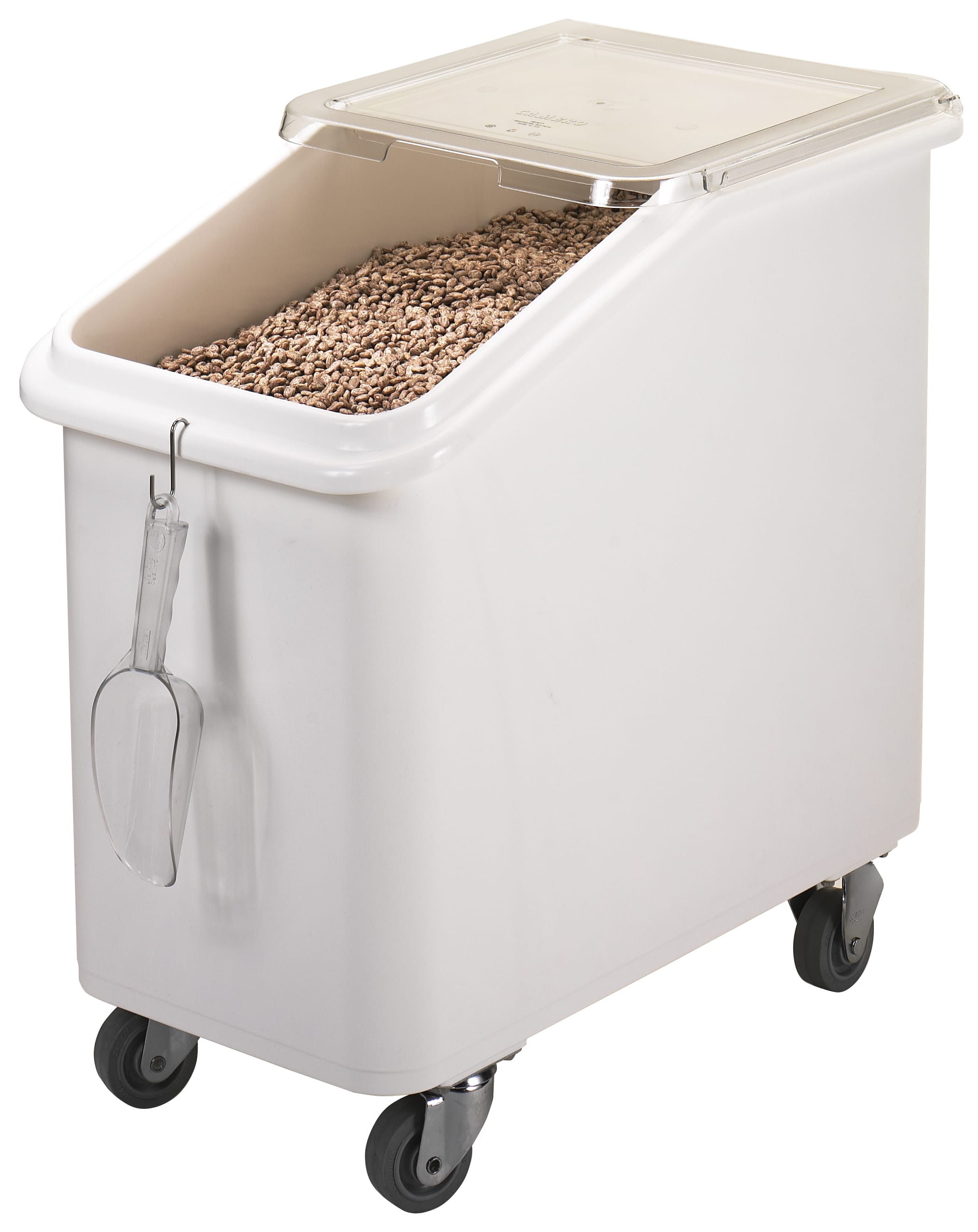 Cambro IBS27148 27 Gallon/430 Cup White Slant Top Mobile Ingredient Storage Bin with 2-Piece Sliding Lid & S-Hook