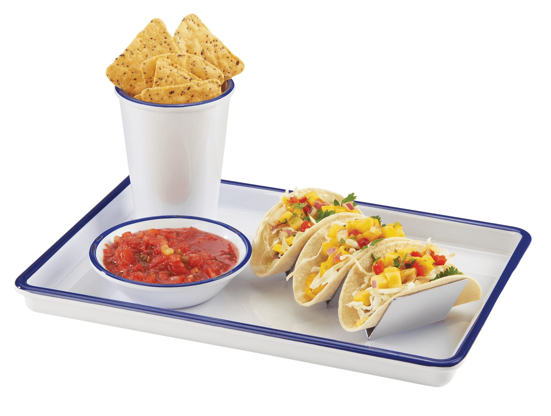 Cal-Mil 3463-15 Enamelware 13" x 9" White with Blue Rim  Rectangular Melamine Tray