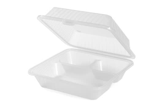 G.E.T. Enterprises EC-09-1-CL 3-Compartment, Polypropylene, Clear, Food Reusable Container, 9" L x 9" L x 3.5" H Reusable Takeout Container