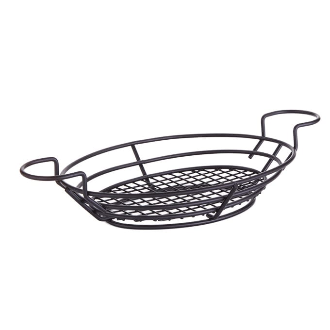 American Metalcraft BSKB811 11" x 8" Oval Black Wire Basket with Ramekin Holders