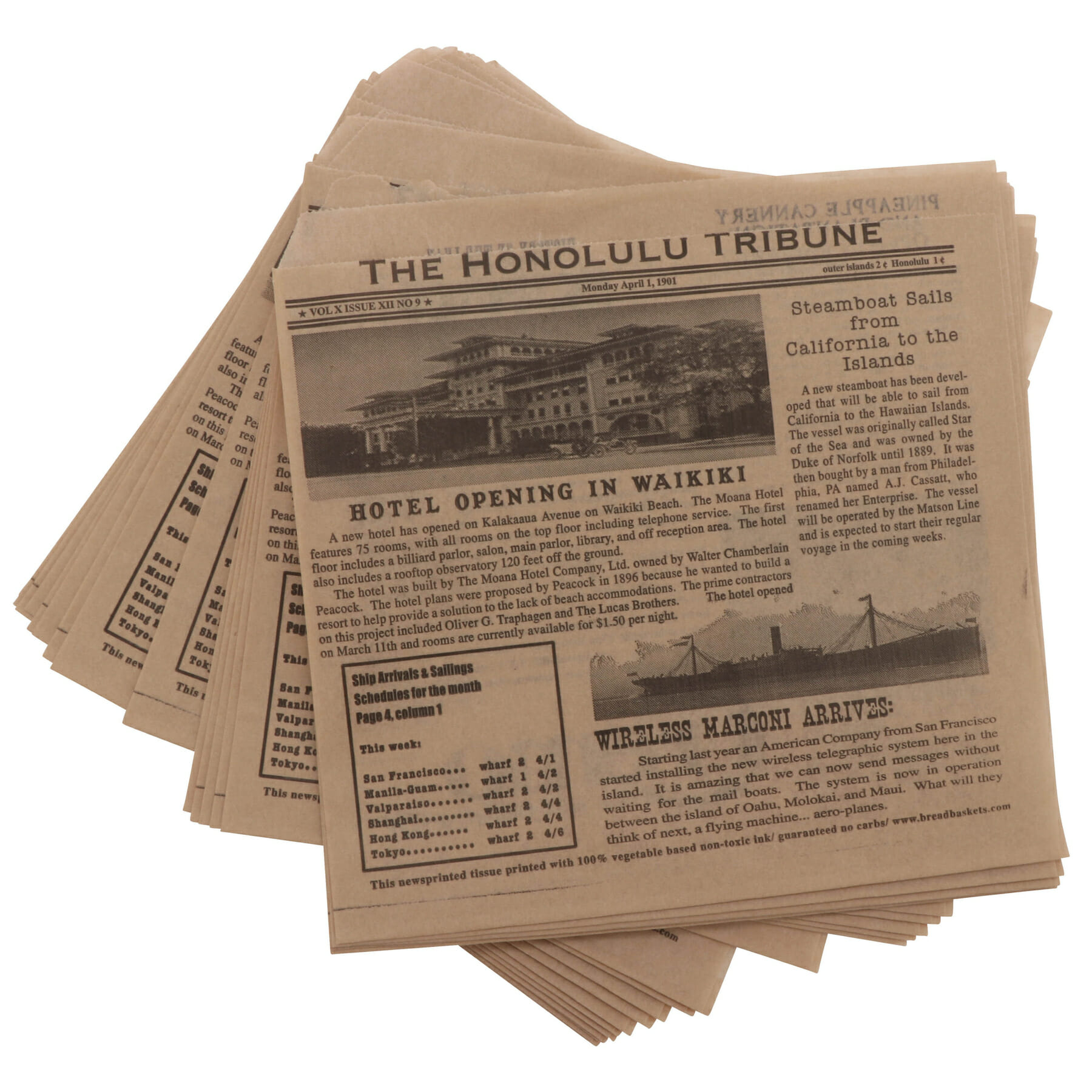 Clipper Mill by G.E.T. 4-T6000 7" x 7" Food-Safe Double-Open Bag / Wire Cone Basket Liner / Deli Wrap, Honolulu Newsprint Brown, 2000 pieces./cs.