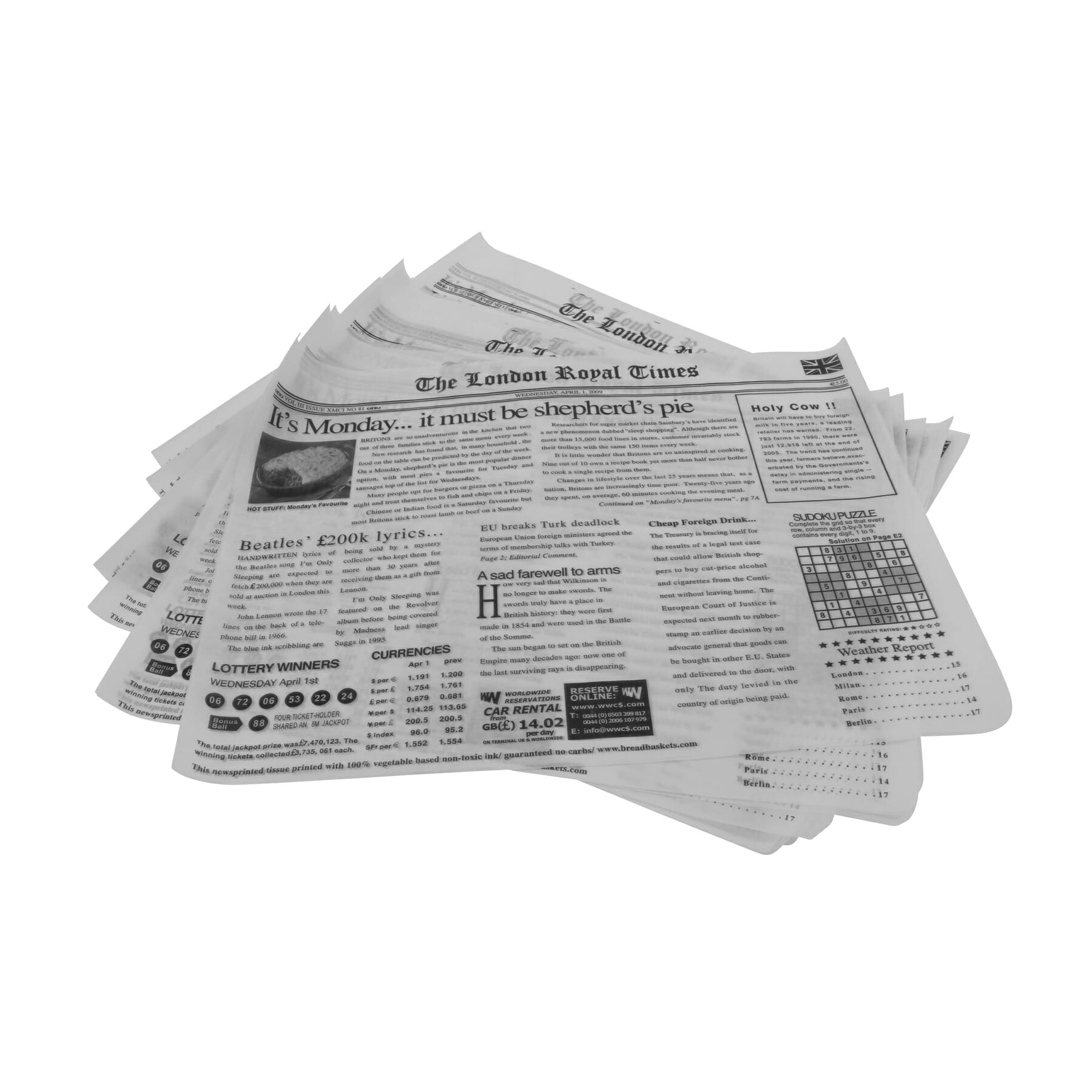 Clipper Mill by G.E.T. 4-TL1215 15" x 12" Food-Safe London Newsprint Liner, White, 1000 pieces./cs.