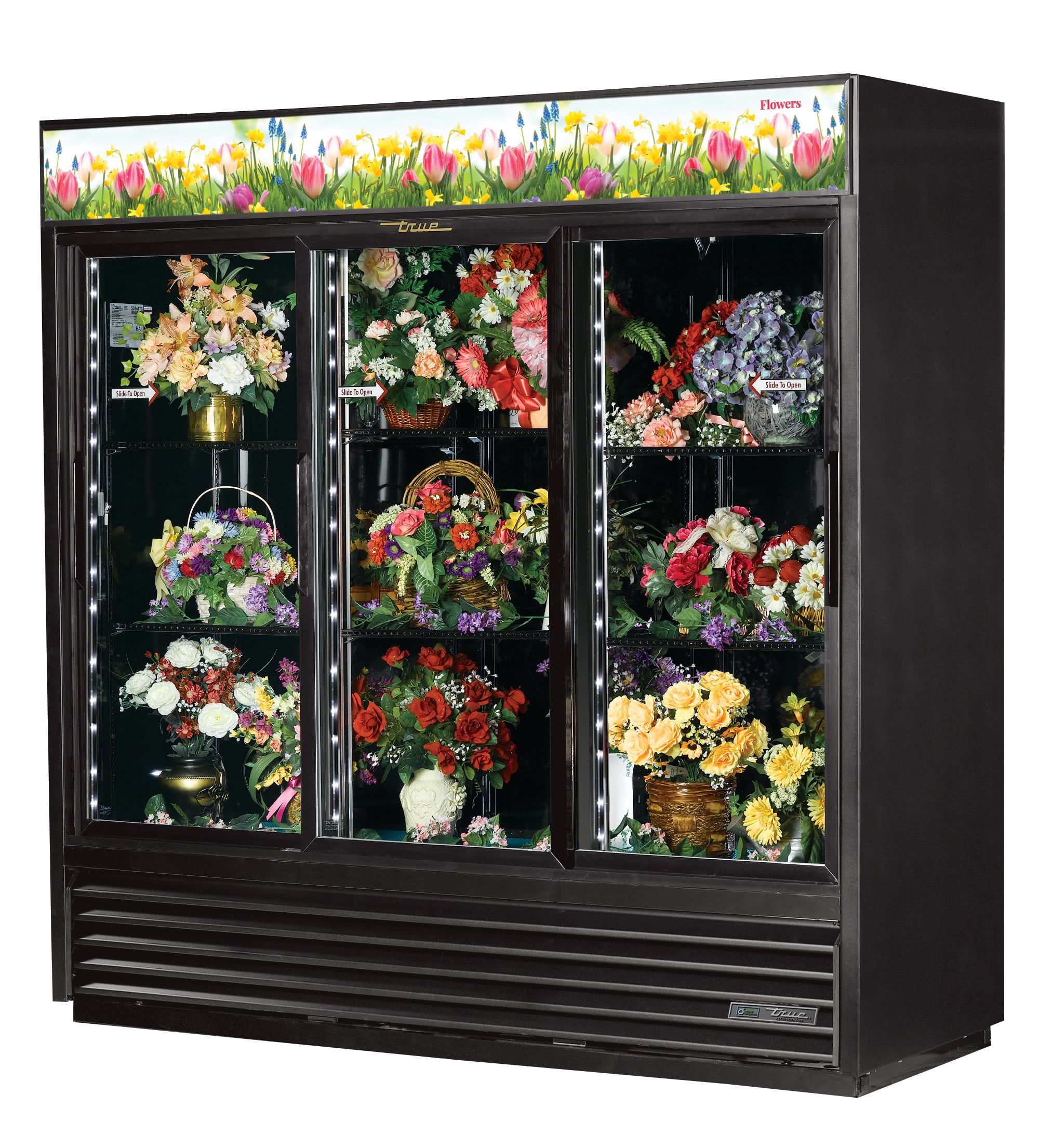 True GDM-69FC-HC-LD 78 1/8" Three Glass Slide Door Refrigerated Floral Case