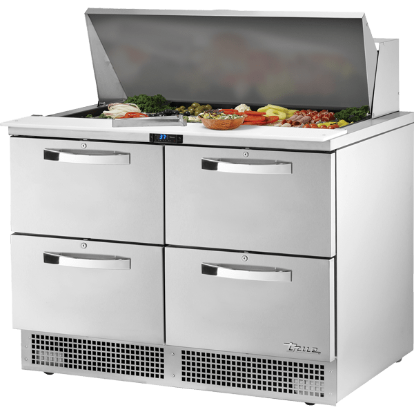 True TFP-48-18M-HC-D-4~SPEC3 48" Sandwich/Salad Prep Table w/ Refrigerated Base, Silver