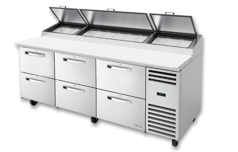 True TPP-AT2-93D-6-HC~SPEC3 93"  Six Solid Drawers Pizza Prep Table with Refrigerated Base & Alternate Top, Silver