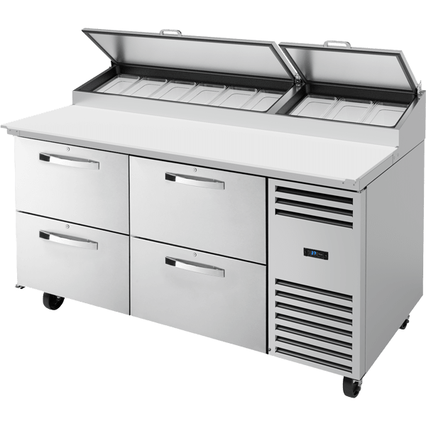True TPP-AT-67D-4-HC~SPEC3 67.38'' 4 Drawer Counter Height Refrigerated Pizza Prep Table, Silver