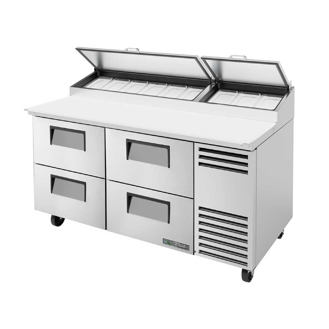True TPP-AT-67D-4-HC 67" Two Drawer And One Solid Door Pizza Prep Table With Refrigerated Base