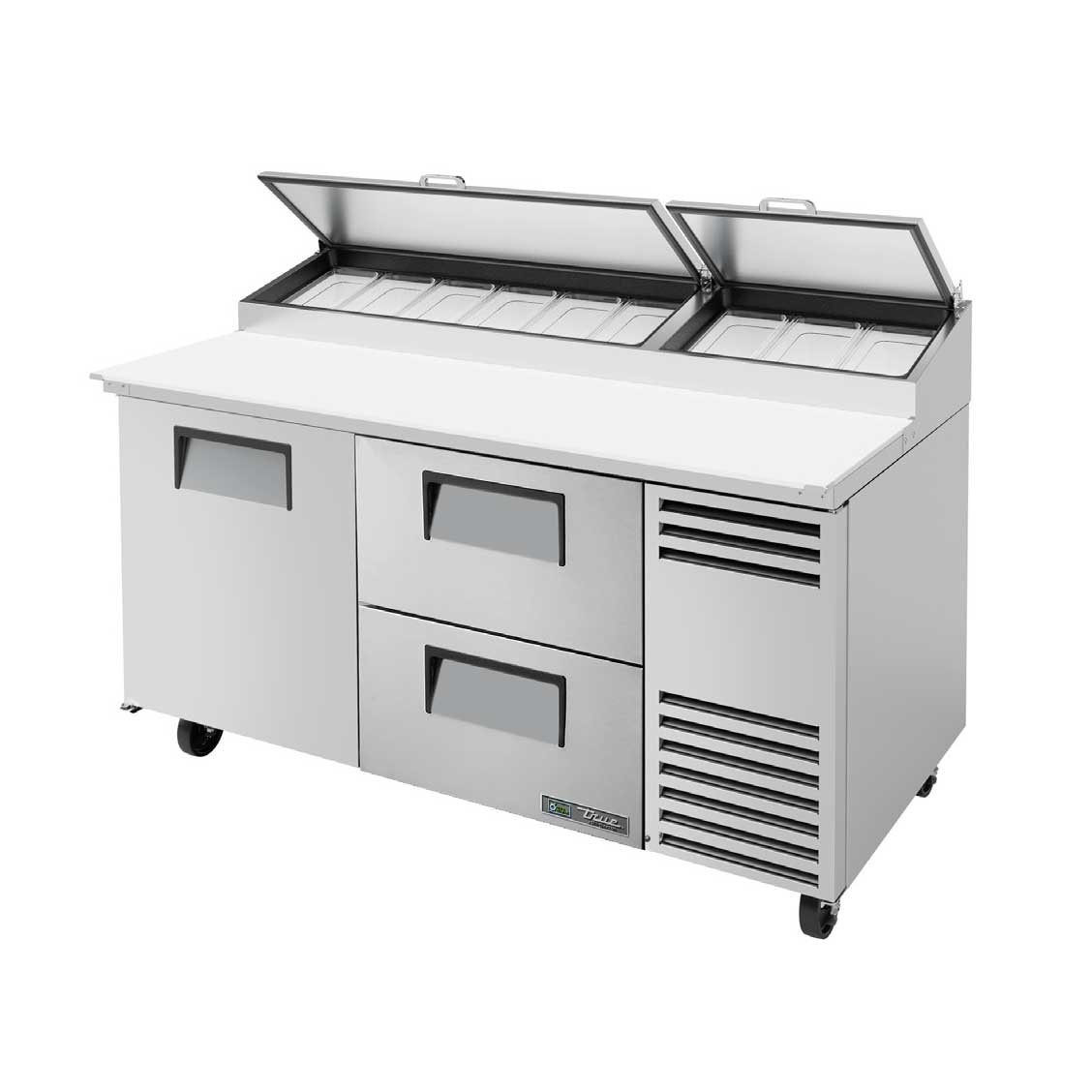True TPP-AT-67D-2-HC 67" Two Drawers And One Solid Door Pizza Prep Table With Refrigerated Base