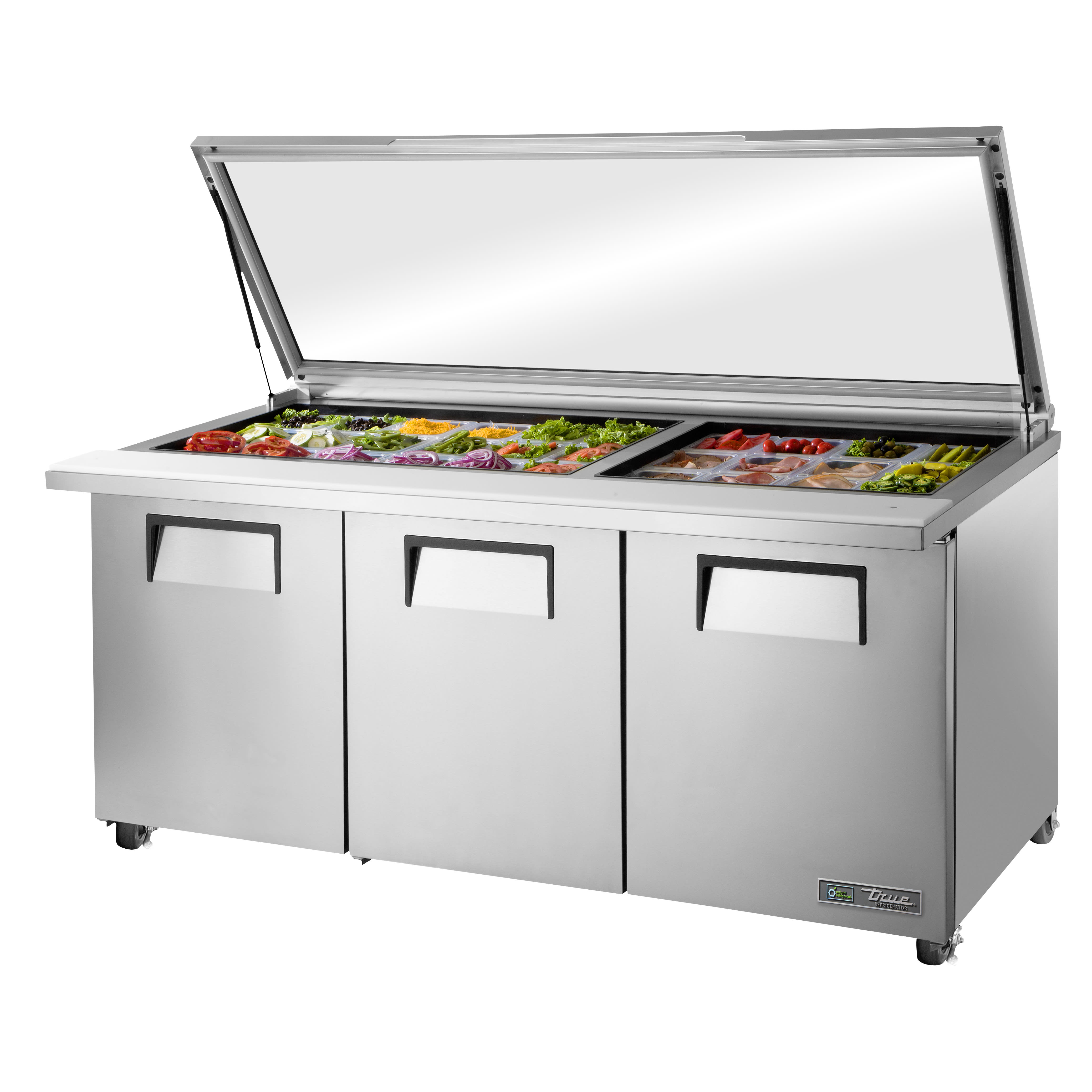 True TSSU-72-30M-B-ST-FGLID-HC 72" Mega-Top Sandwich/Salad Unit With Flat Glass Lid And Three Solid Door Refrigerated Base