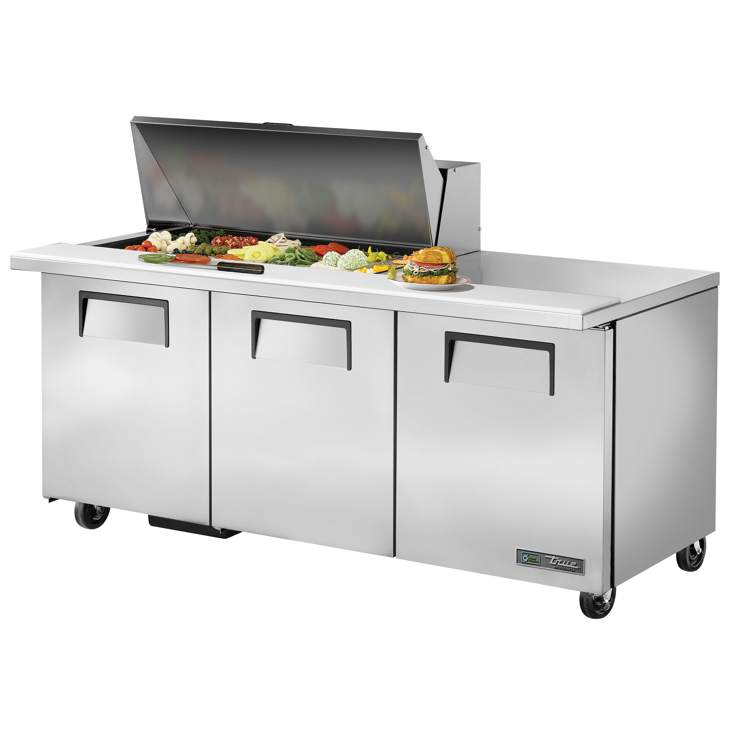 True TSSU-72-18M-B-HC 72" Mega Top Sandwich/Salad Prep Table WithThree Solid Door Refrigerated Base