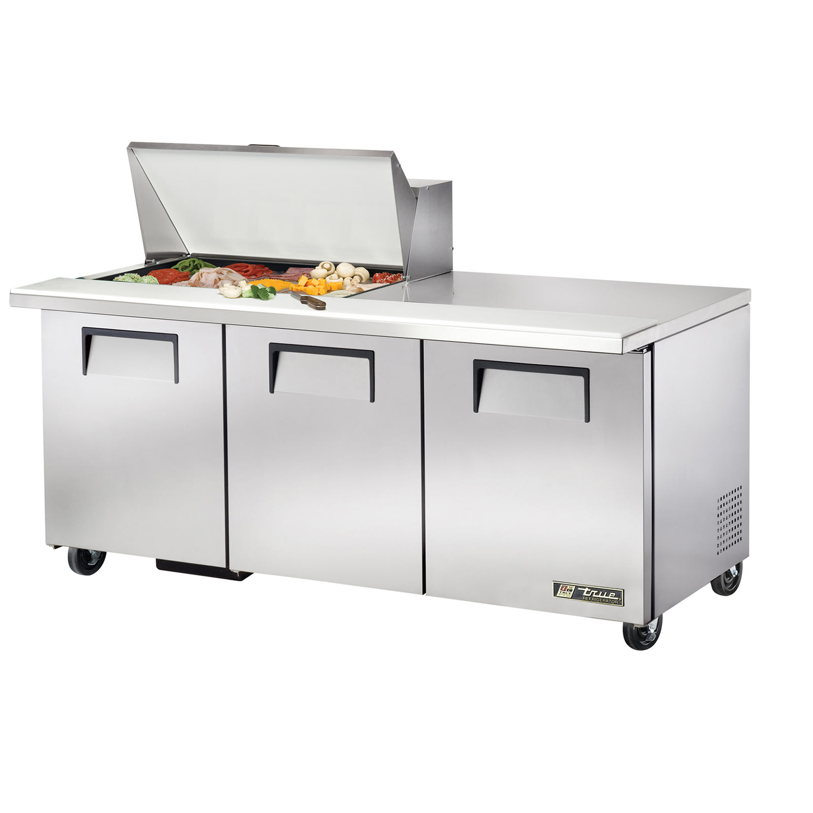 True TSSU-72-15M-B-HC 72" Mega Top Sandwich/Salad Prep Table With Three Solid Door Refrigerated Base