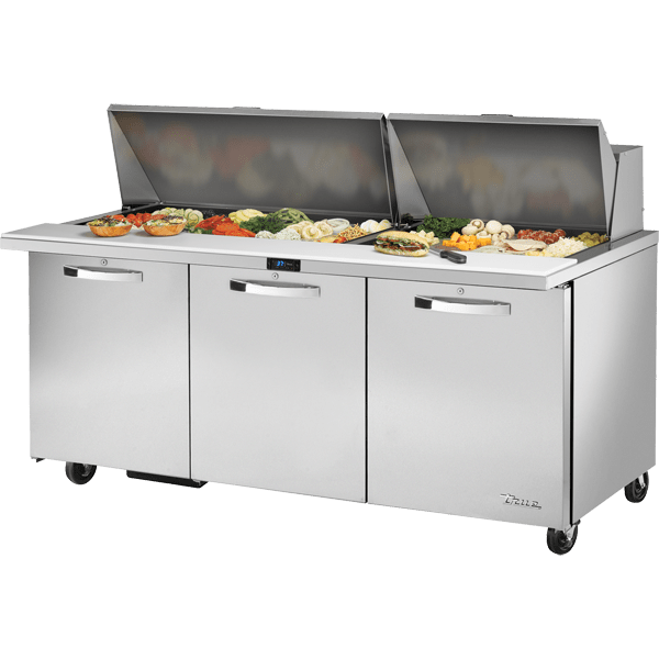 True TSSU-72-30M-B-ST-HC~SPEC3  72" Mega-Top Sandwich/Salad Prep Table With Three Solid Door Refrigerated Base