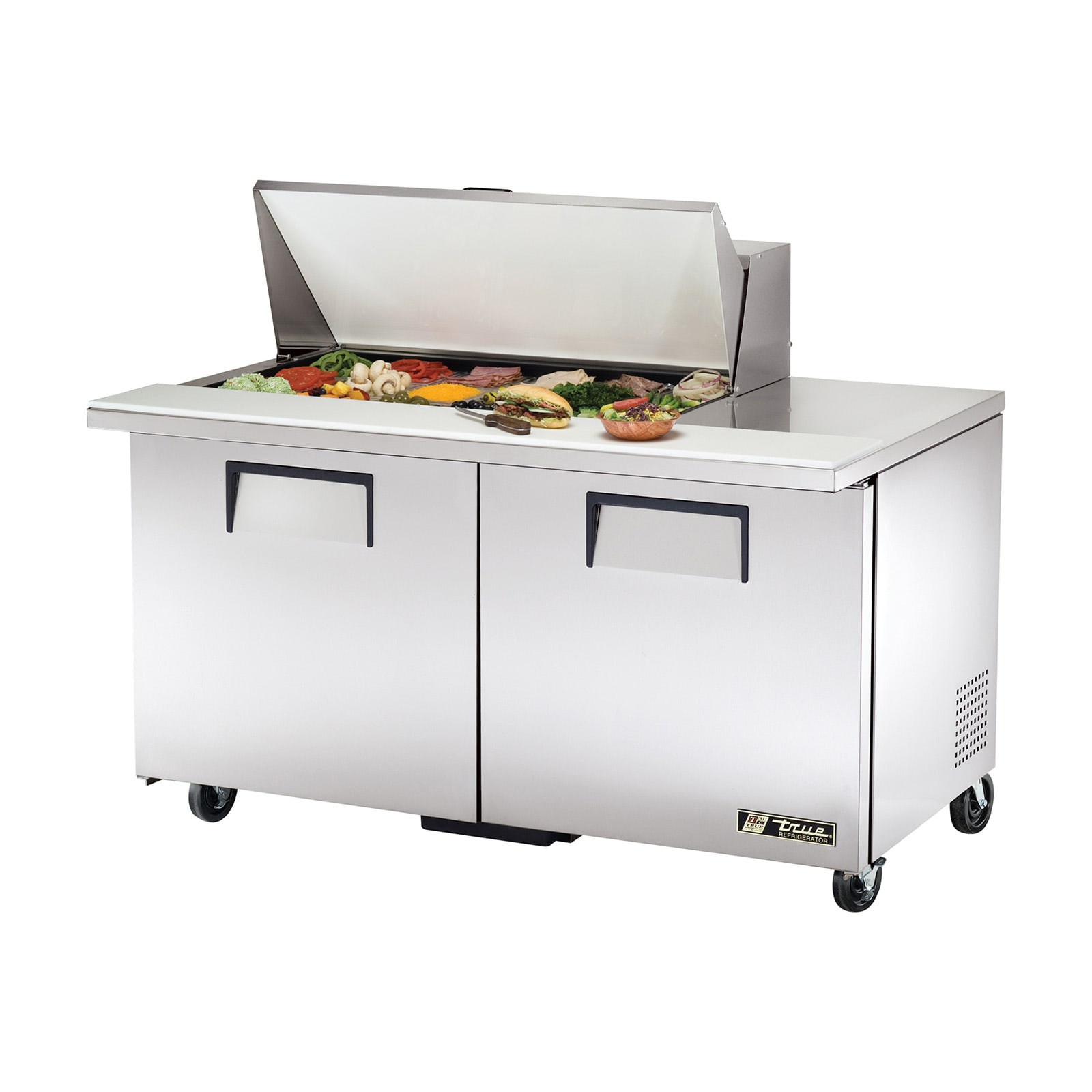 True TSSU-60-18M-B-HC 60" Mega Top Stainless Steel Sandwich/Salad Prep Table With Two Solid Door Refrigerated Base