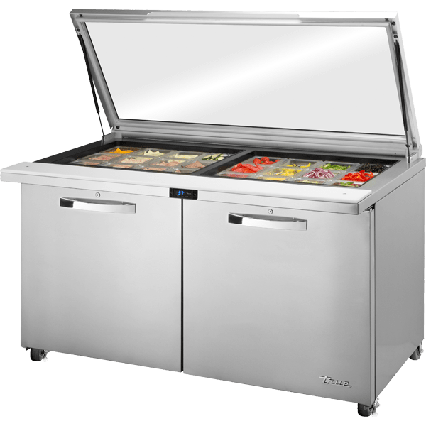True TSSU-60-24M-B-ST-FGLID-HC~SPEC3  60" Mega-Top Sandwich/Salad Prep Table With Flat Glass Lid And Two Solid Door Refrigerated Base