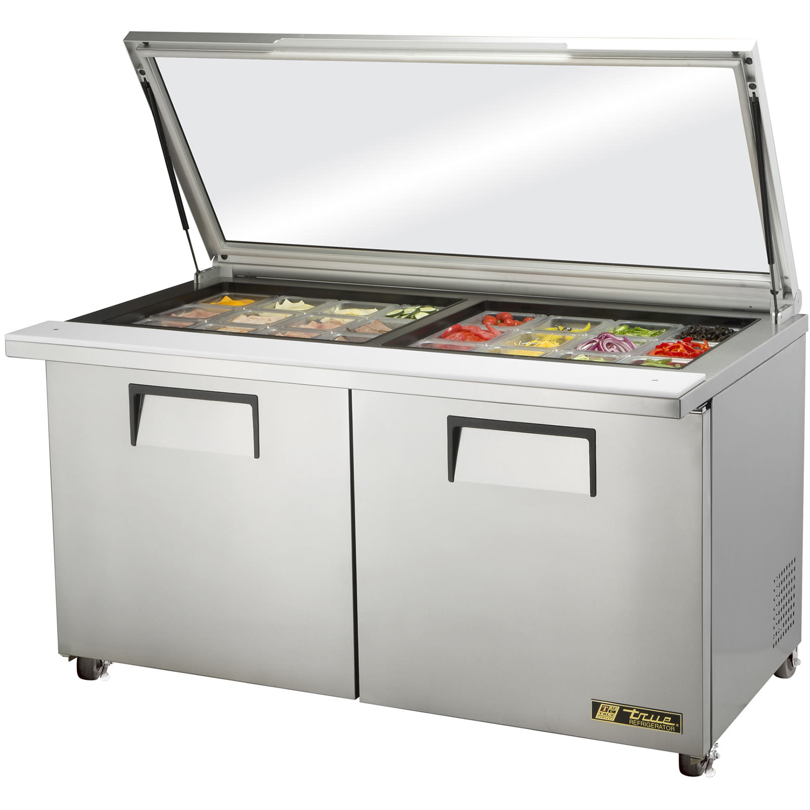 True TSSU-60-24M-B-ST-FGLID-HC 60" Mega-Top Sandwich/Salad Unit With Flat Glass Lid And Two Solid Door Refrigerated Base