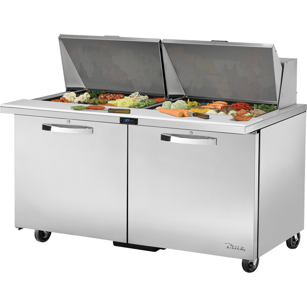 True TSSU-60-24M-B-ST-HC~SPEC3  60" Mega Top Sandwich/Salad Prep Table With Two Solid Door Refrigerated Base