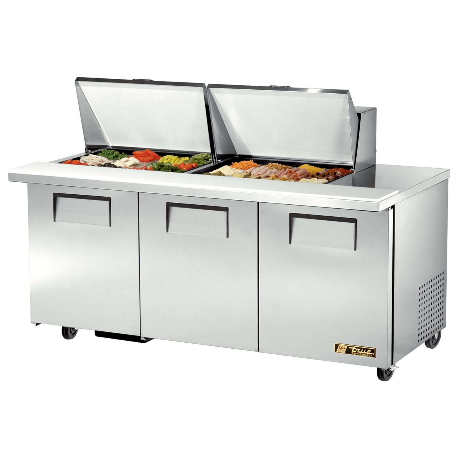 True TSSU-72-24M-B-ST-HC 72" Mega Top Sandwich/Salad Prep Table With Three Solid Door Refrigerated Base