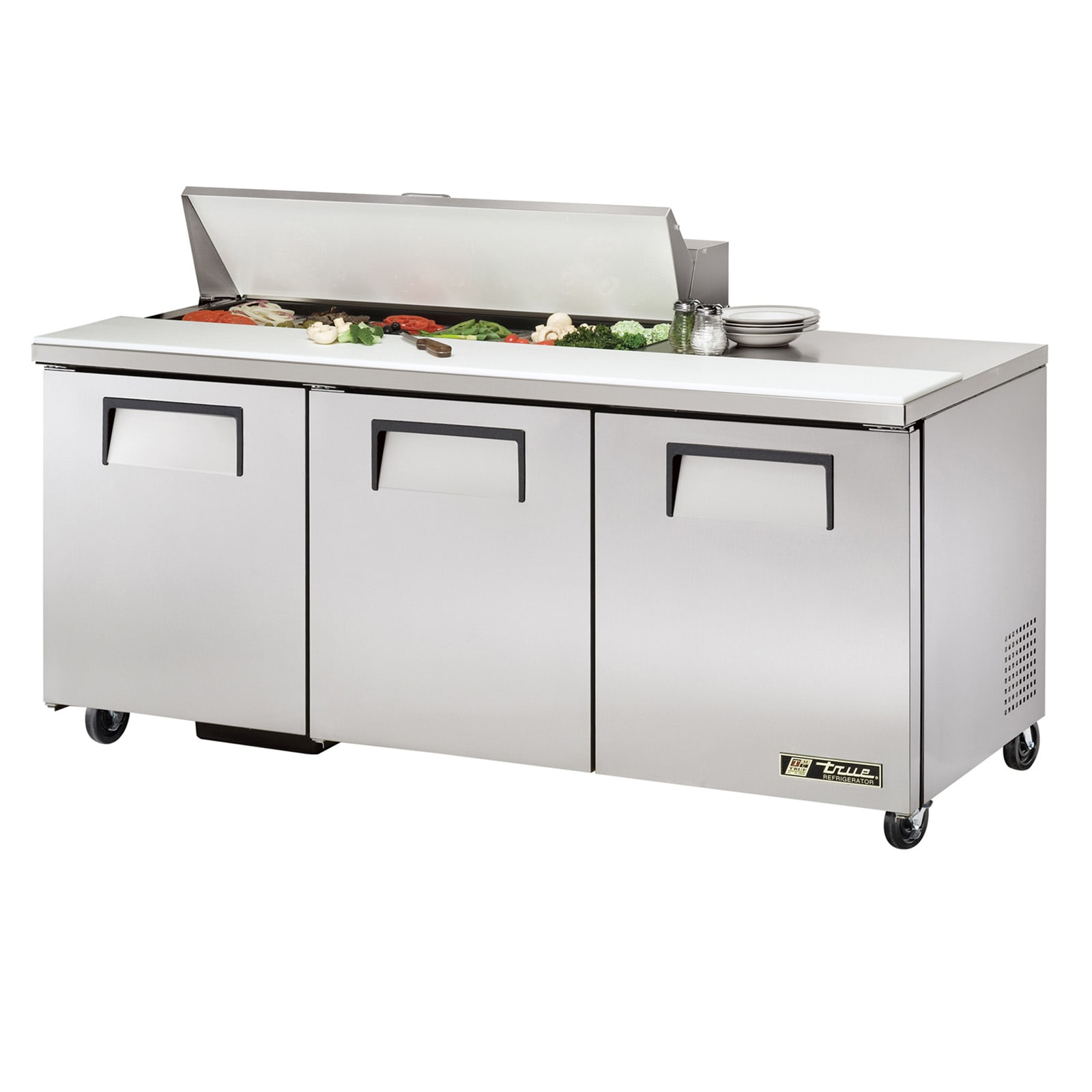 True TSSU-72-12-HC 72" Sandwich/Salad Prep Table With Three Solid Door Refrigerated Base