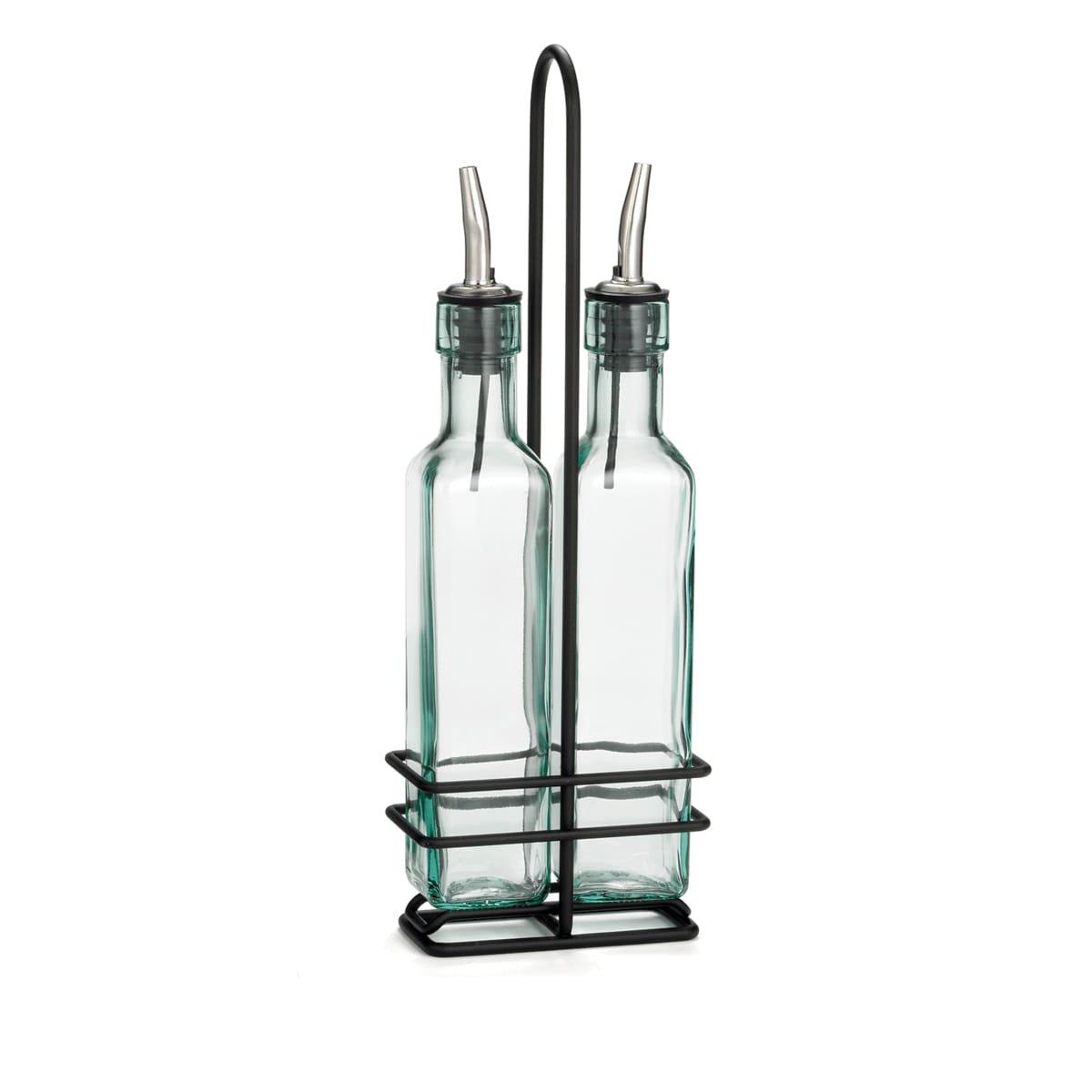 TableCraft H9085NBK Prima Collection Cruet Set Black Powder Coated Includes 2 Oil & Vinegar Bottles & Rack  8.5 Oz