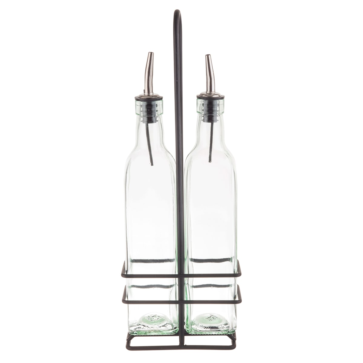 TableCraft H918NBK Gemelli Collection Cruet Set Black Powder Coated Includes 2 Oil & Vinegar Bottles & Rack  8.5 Oz