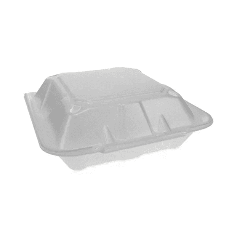 Pactiv Evergreen YTD19903ECON Vented Foam Hinged Lid Container, Dual Tab Lock Economy, 3-Compartment, White, 150/Carton