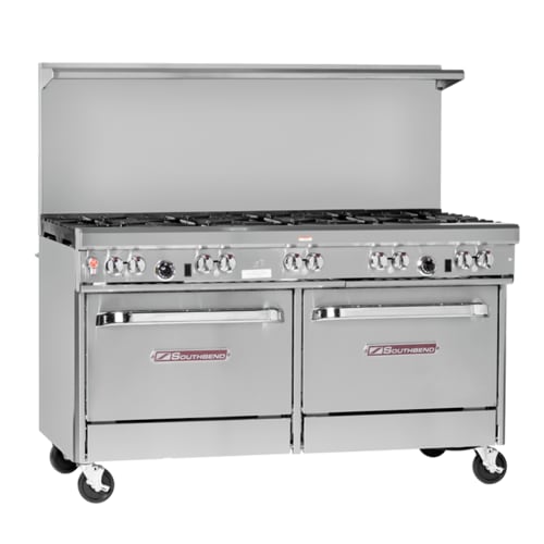 Southbend 4601DC-7L 60" Ultimate Range with Standard Grates, (4) Right Open Burners, (4) Left Pyromax Burners, Standard Oven, and Cabinet Base, LP Gas