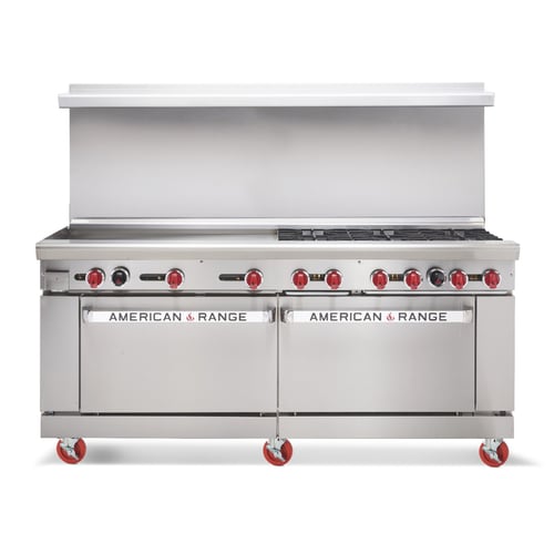 American Range AR-24G-8B-CL-SBR 72" Griddle Range with (8) Open Burners, Convection Oven, and Open Cabinet Base, LP Gas