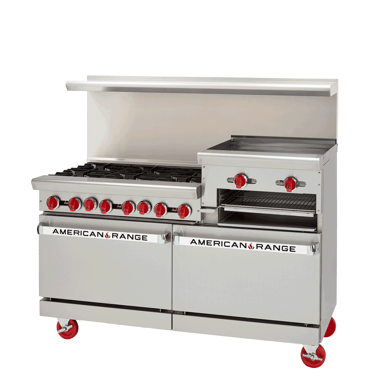 American Range AR-6B-36RG-DSB 72" Raised Griddle Range with (6) Open Burners and (2) Cabinet Bases, Natural Gas