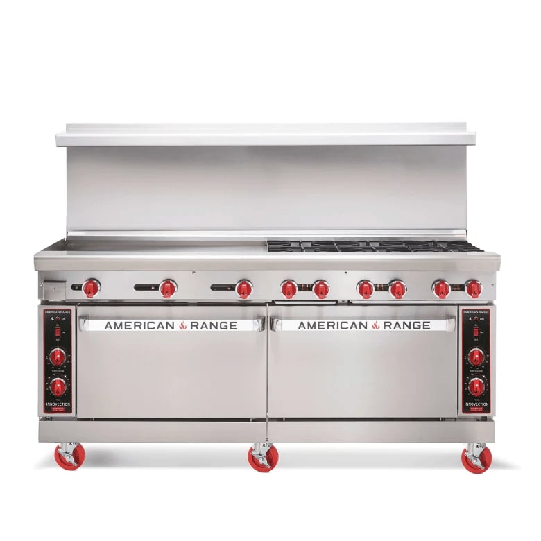 American Range AR-48G-2B-126L-SBR 60" Griddle Range with (2) Open Burners, Standard Oven, and Open Cabinet Base, Natural Gas