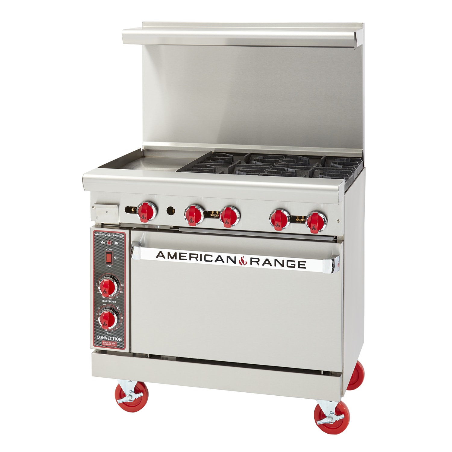 American Range ARGF-24G-2B 36" Green Flame Pilotless Griddle Range with (2) Open Burners and Oven, LP Gas