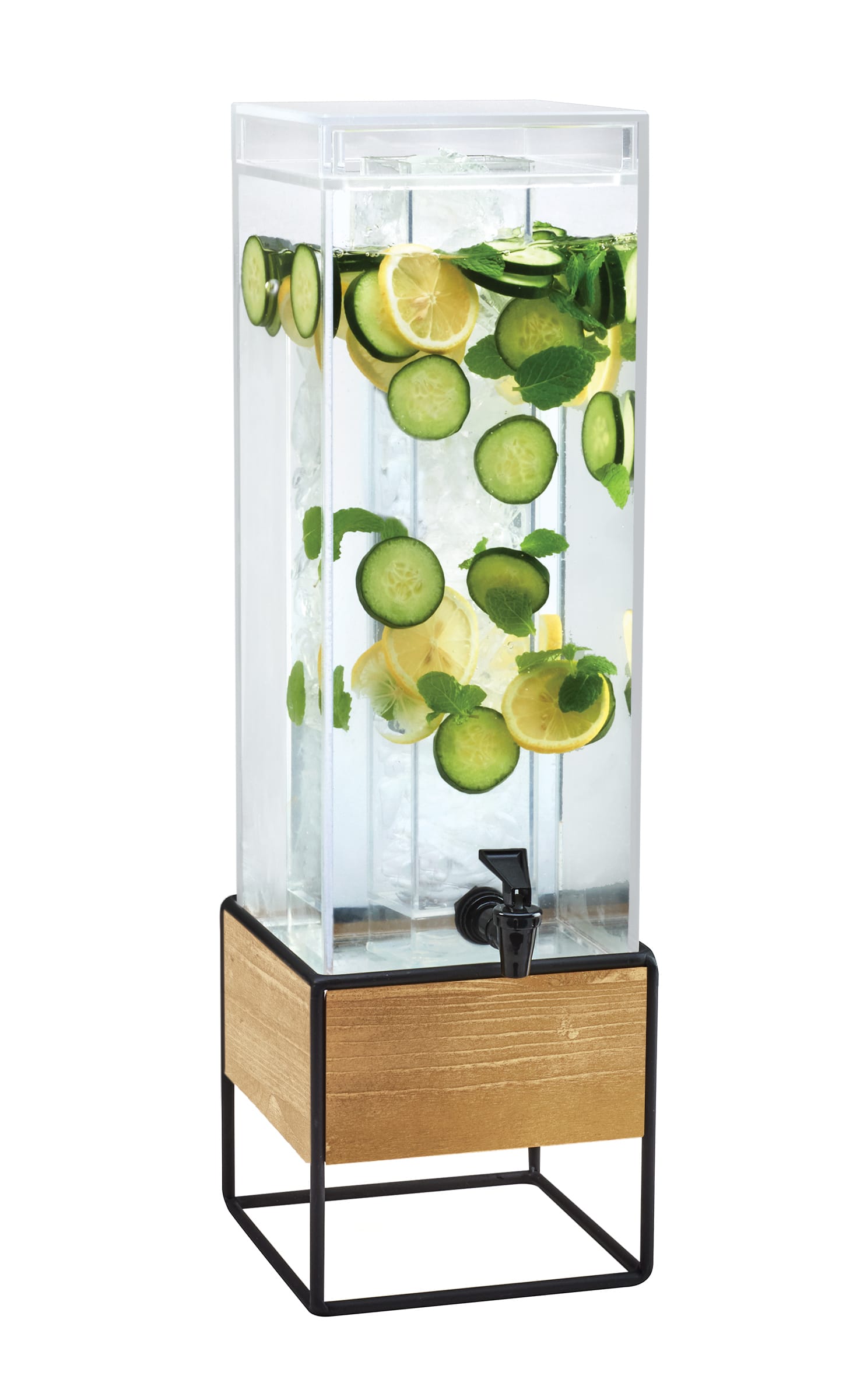 Cal-Mil 3561-3-99 Madera 3 Gallon Square Beverage Dispenser With Wood And Metal Base And Ice Chamber