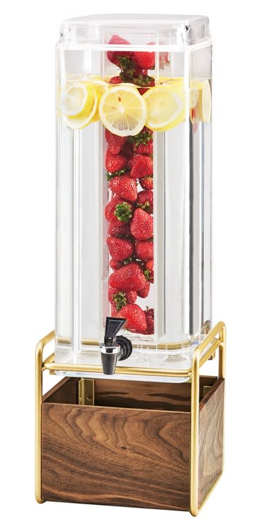 Cal-Mil 3703-3-46 Mid-Century 3 Gallon Square Beverage Dispenser With Walnut And Brass Base And Ice Chamber
