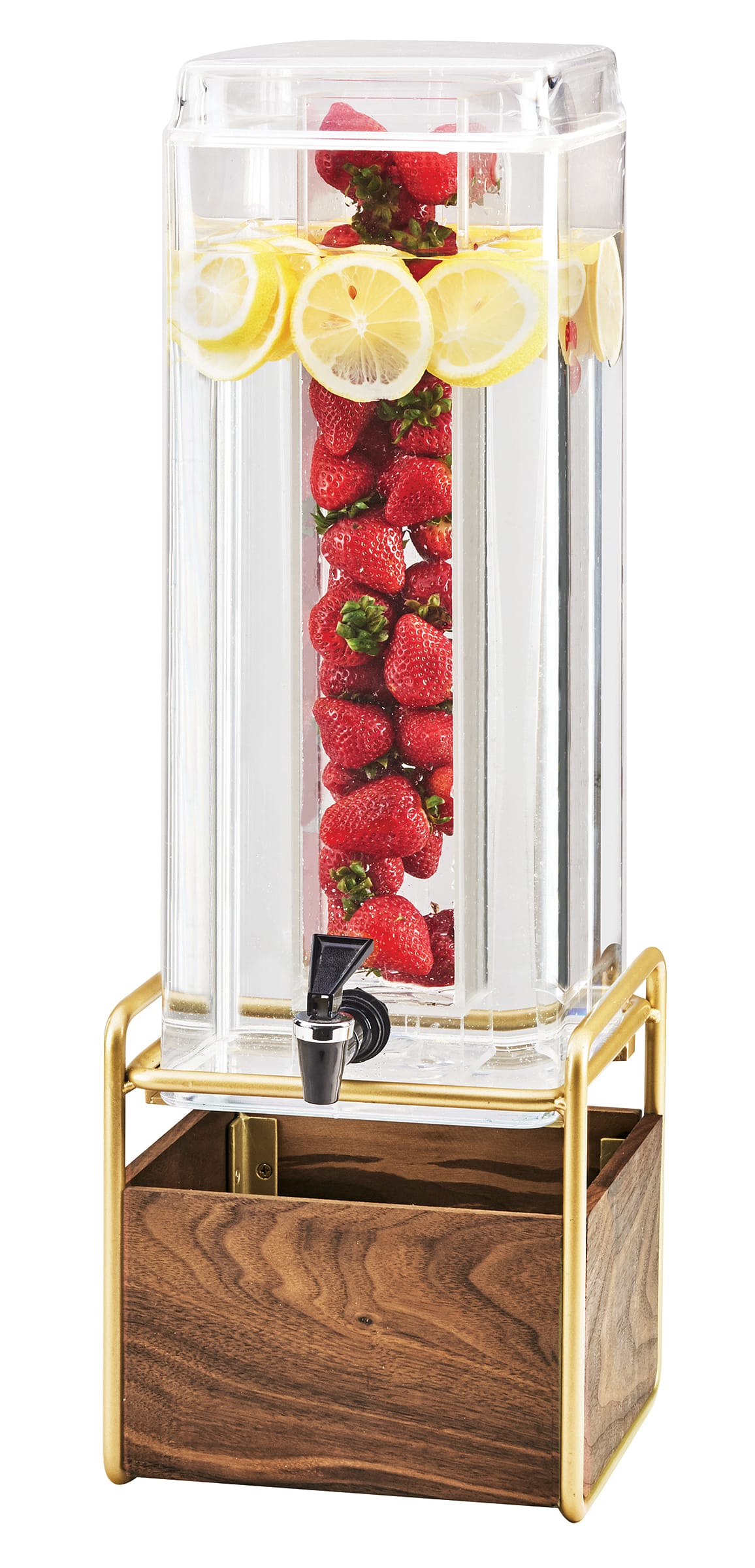 Cal-Mil 3703-3INF-46 Mid-Century 3 Gallon Square Beverage Dispenser With Walnut And Brass Base And Infusion Chamber