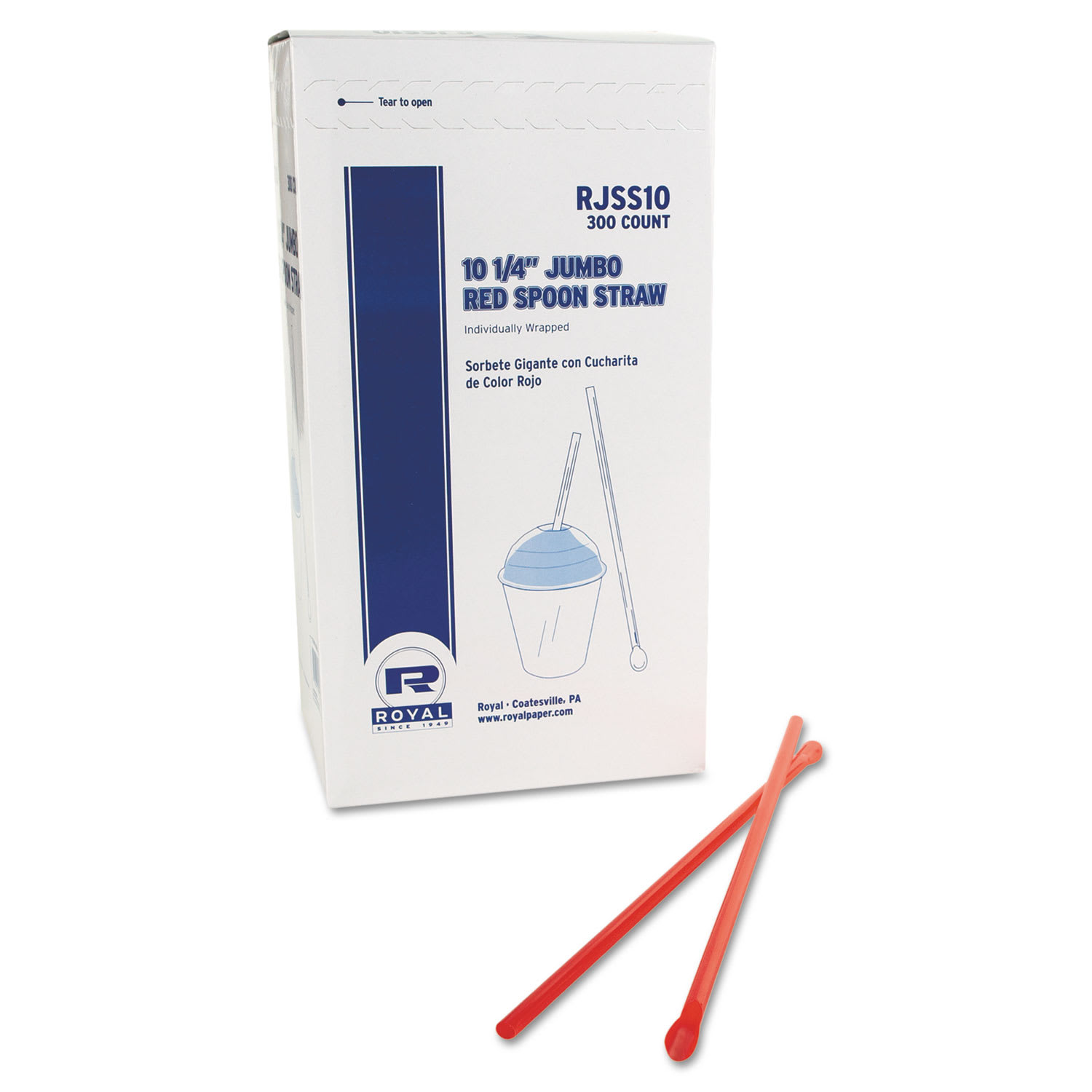 AmerCareRoyal RJSS10 Jumbo Spoon Straw, 10.25", Plastic, Red, 300/Pack, 18 Packs/Carton