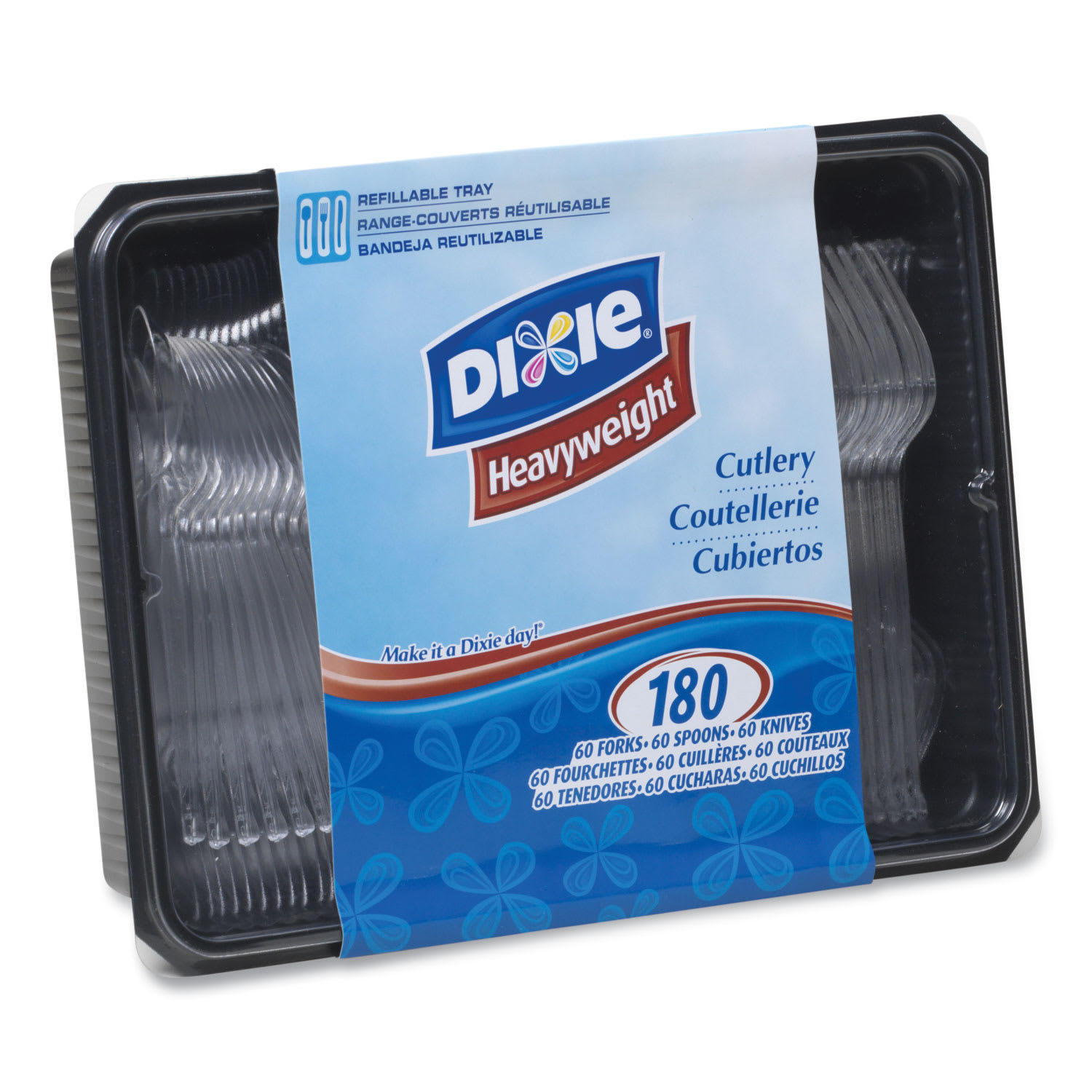 Dixie CH0180DX7 Cutlery Keeper Tray With Clear Plastic Utensils: 60 Forks, 60 Knives, 60 Spoons