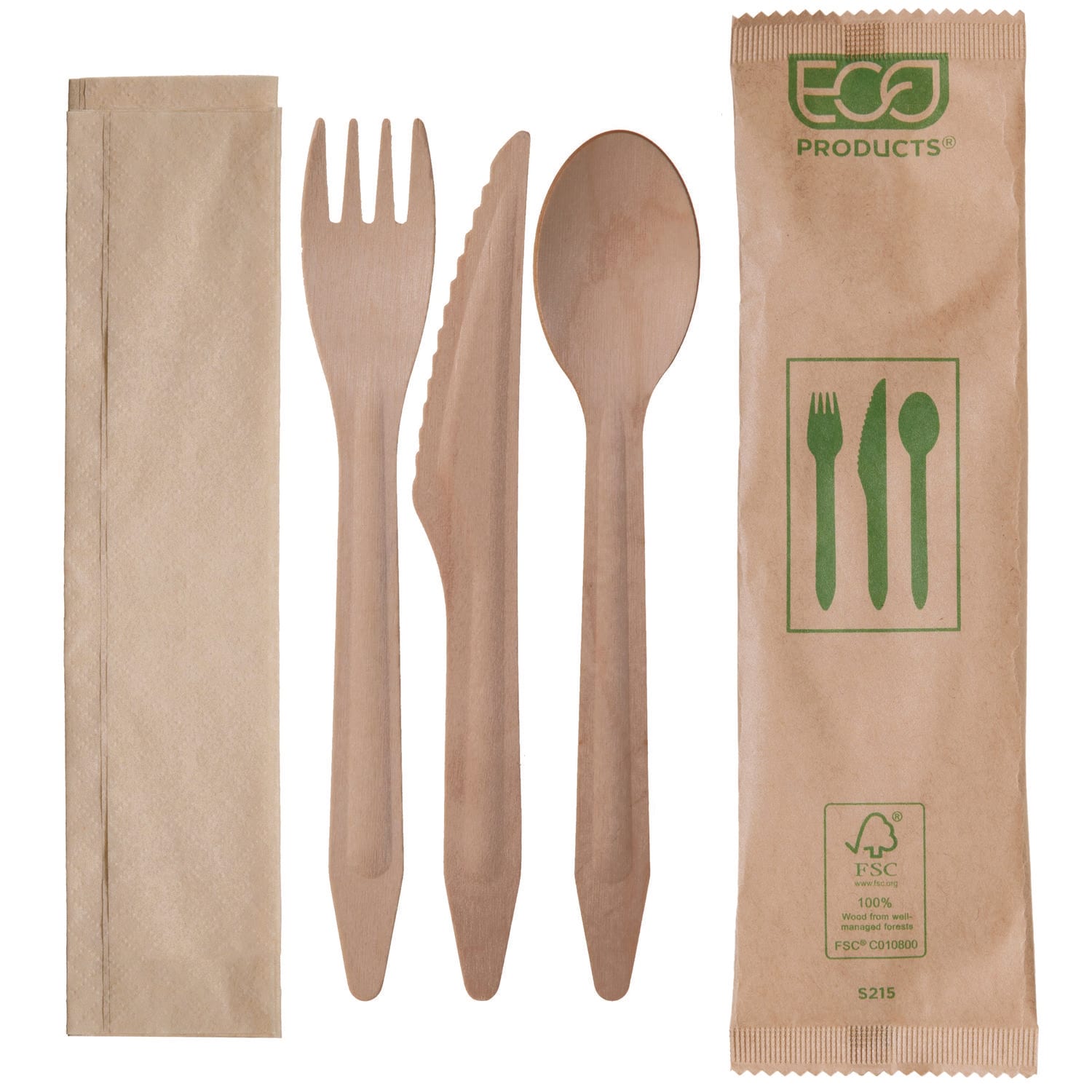 Eco-Products EP-S215 Wood Cutlery, Fork/Knife/Spoon/Napkin, Natural, 500/Carton