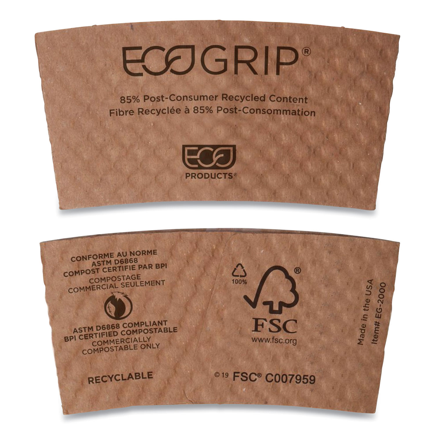 Eco-Products EG-2000 Ecogrip Hot Cup Sleeves - Renewable And Compostable, Fits 12, 16, 20, 24 Oz Cups, Kraft, 1,300/Carton