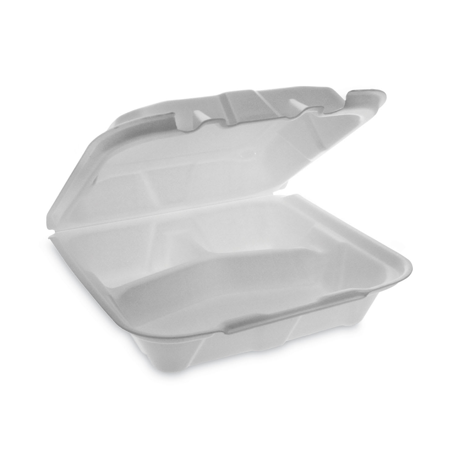 Pactiv Evergreen YTD18803ECON Vented Foam Hinged Lid Container, Dual Tab Lock Economy, 3-Compartment, 8.42 X 8.15 X 3, White, 150/Carton