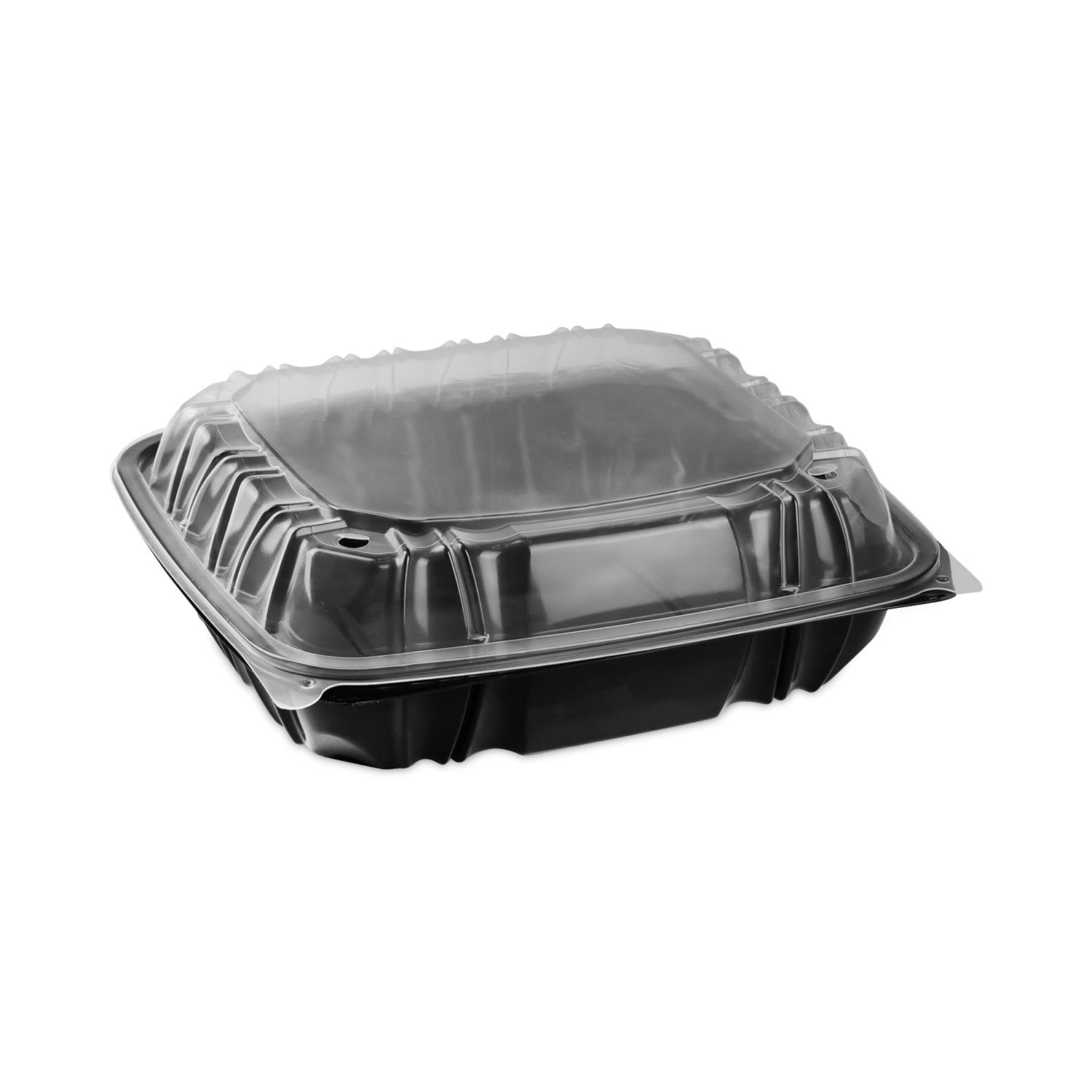 Pactiv Evergreen DC109100B000 Earthchoice Vented Dual Color Microwavable Hinged Lid Container, 1-Compartment 66Oz, 10.5X9.5X3, Black/Clear, Plastic, 132/Carton