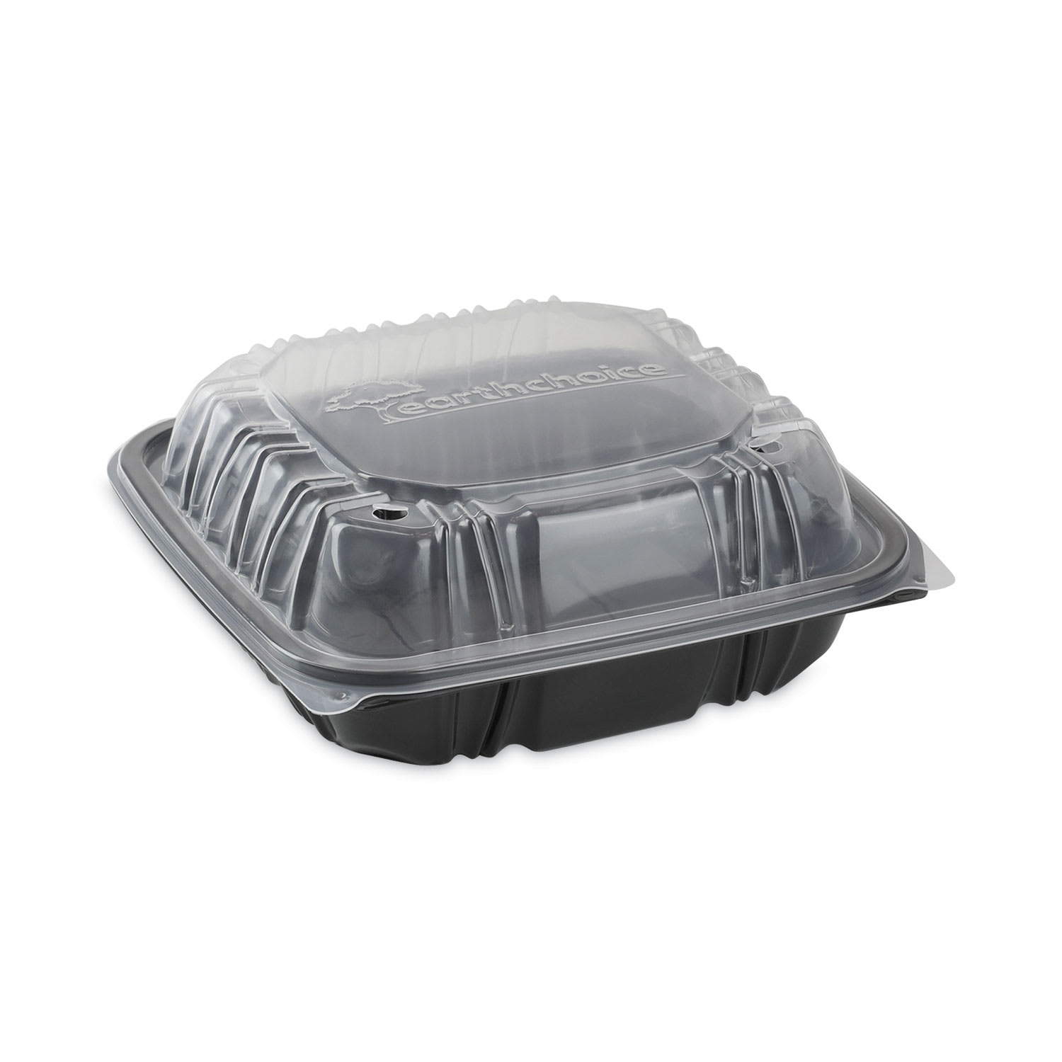 Pactiv Evergreen DC858100B000 Earthchoice Vented Dual Color Microwavable Hinged Lid Container, 1-Compartment, 38Oz, 8.5X8.5X3, Black/Clear, Plastic, 150/Carton