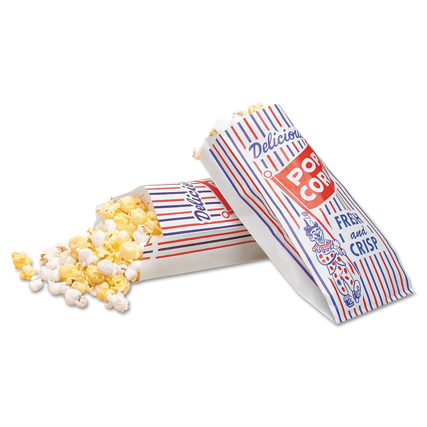 Bagcraft 300471 Pinch-Bottom Paper Popcorn Bag, Delicious Popcorn: Circus Clown Icon Labeling, 4" X 1.5" X 8", Red/White/Blue, 1,000/Carton