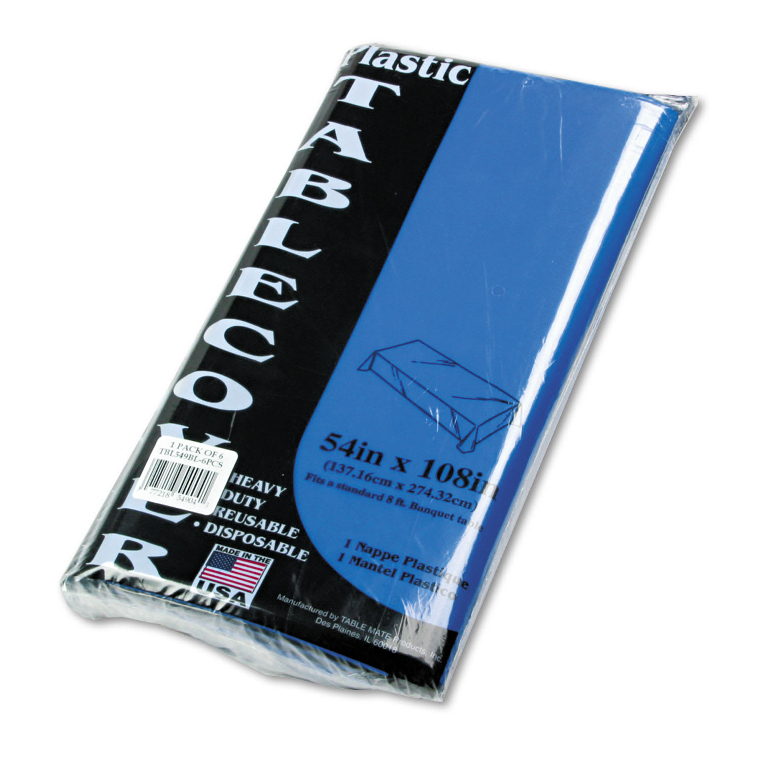 Tablemate 549BL Table Set Rectangular Table Cover, Heavyweight Plastic, 54" X 108", Blue, 6/Pack