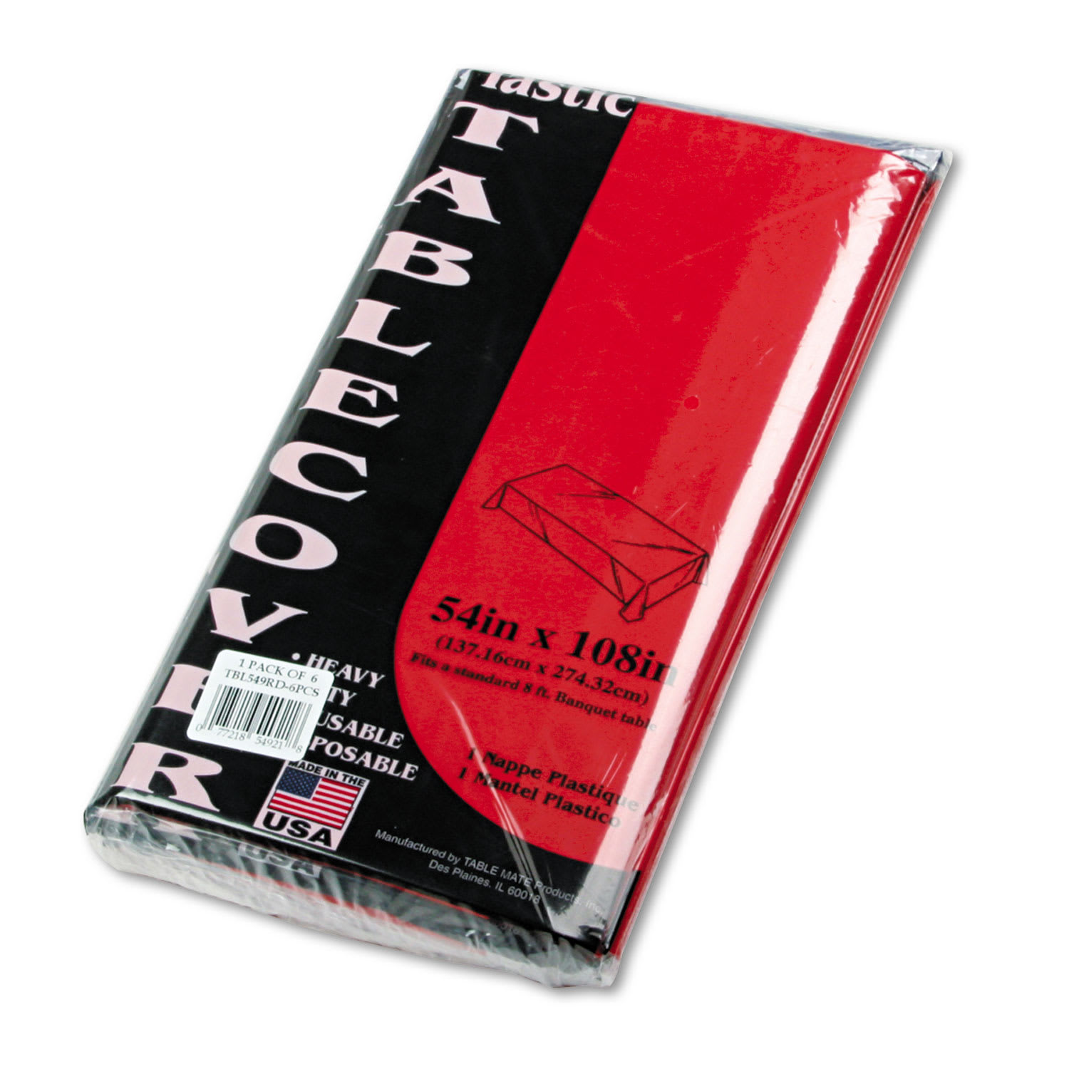 Tablemate 549RD Table Set Rectangular Table Cover, Heavyweight Plastic, 54" X 108", Red, 6/Pack